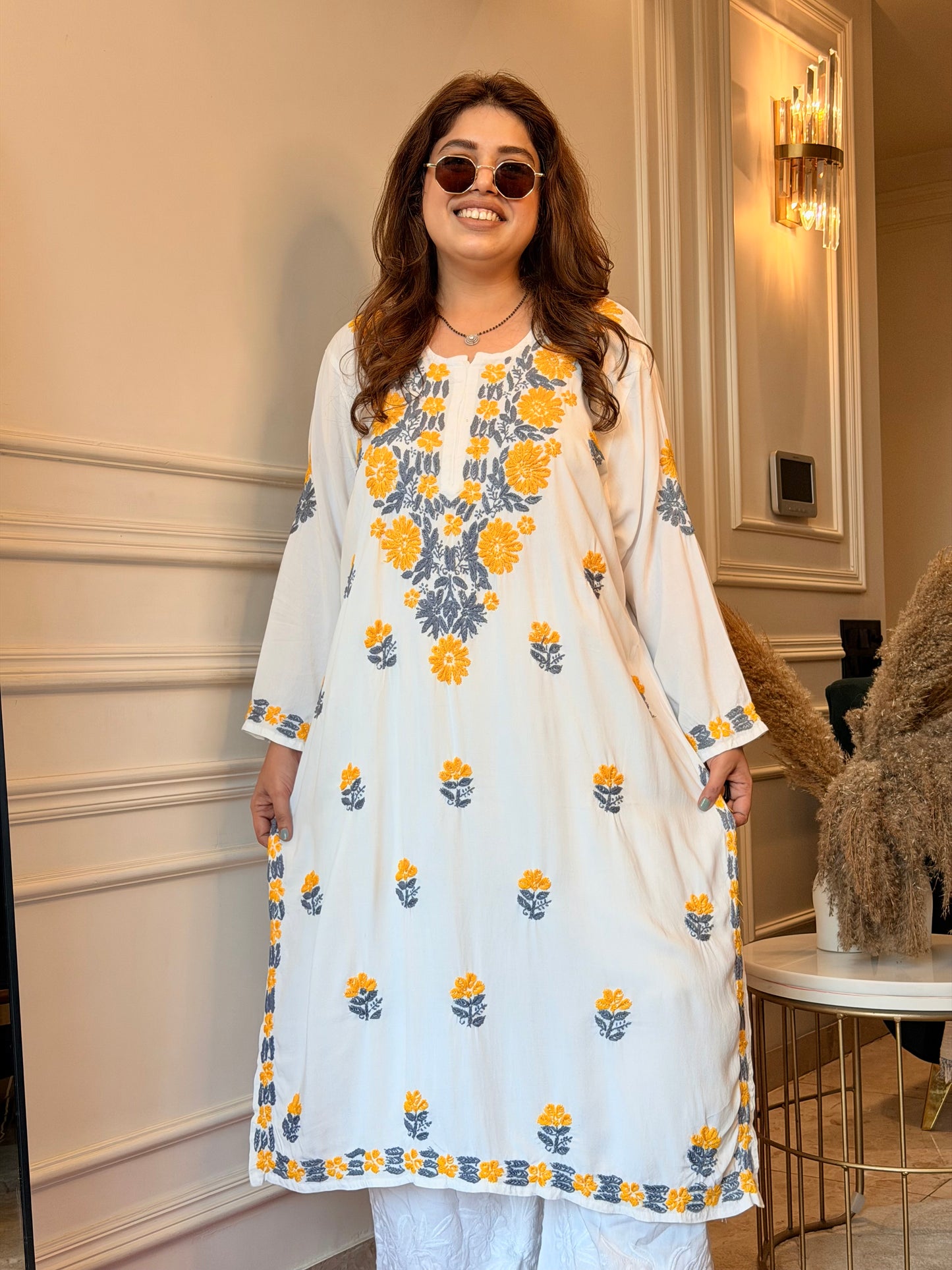 Hand embroidered Chikankari Kurta | Premium Cotton | White with Mustard and Grey