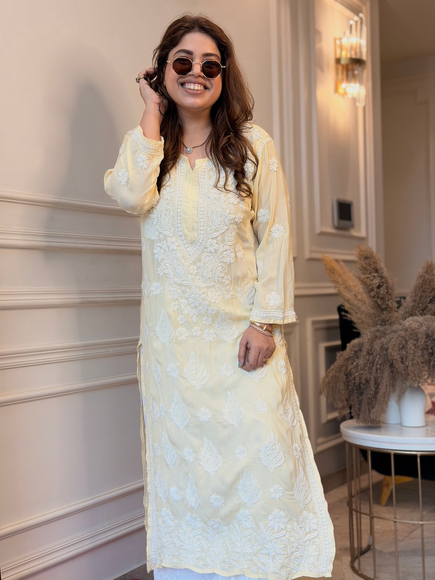 Hand Embroidered 3DChikankari Kurta  | Mul Chanderi | Butter Yellow