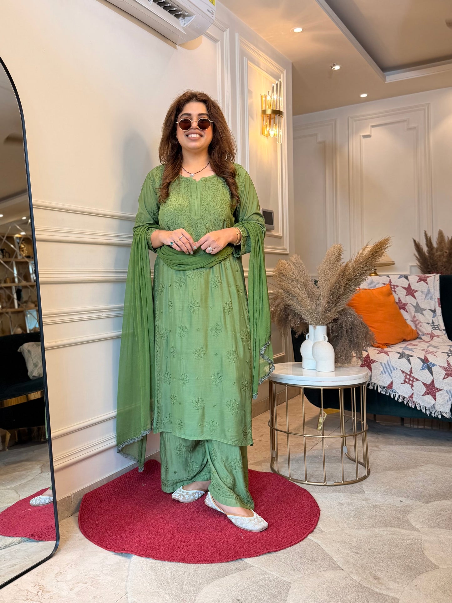 Hand Embroidered Chikankari 3 piece Kurta set | Mul Chanderi | Green