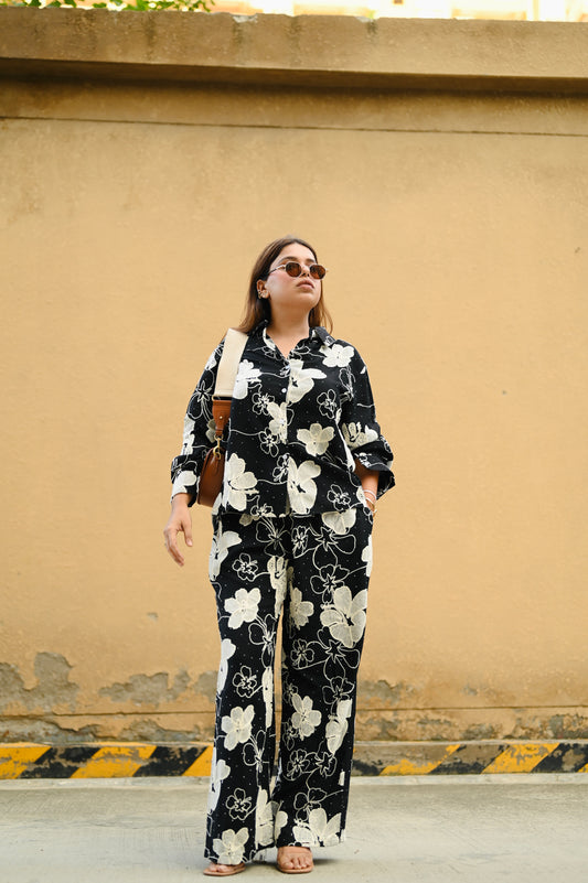 Black Floral Embroidered Co-ord Set – Premium Crepe | Free Size Upto XXL