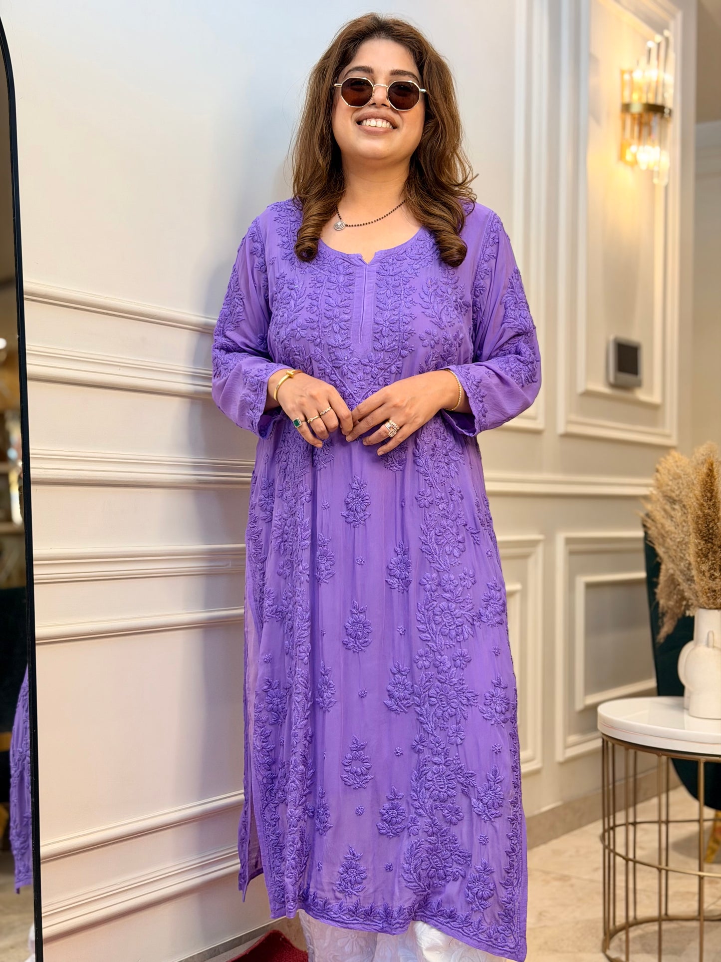 Hand Embroidered 6D Chikankari Kurta  | Premium Viscose | Purple