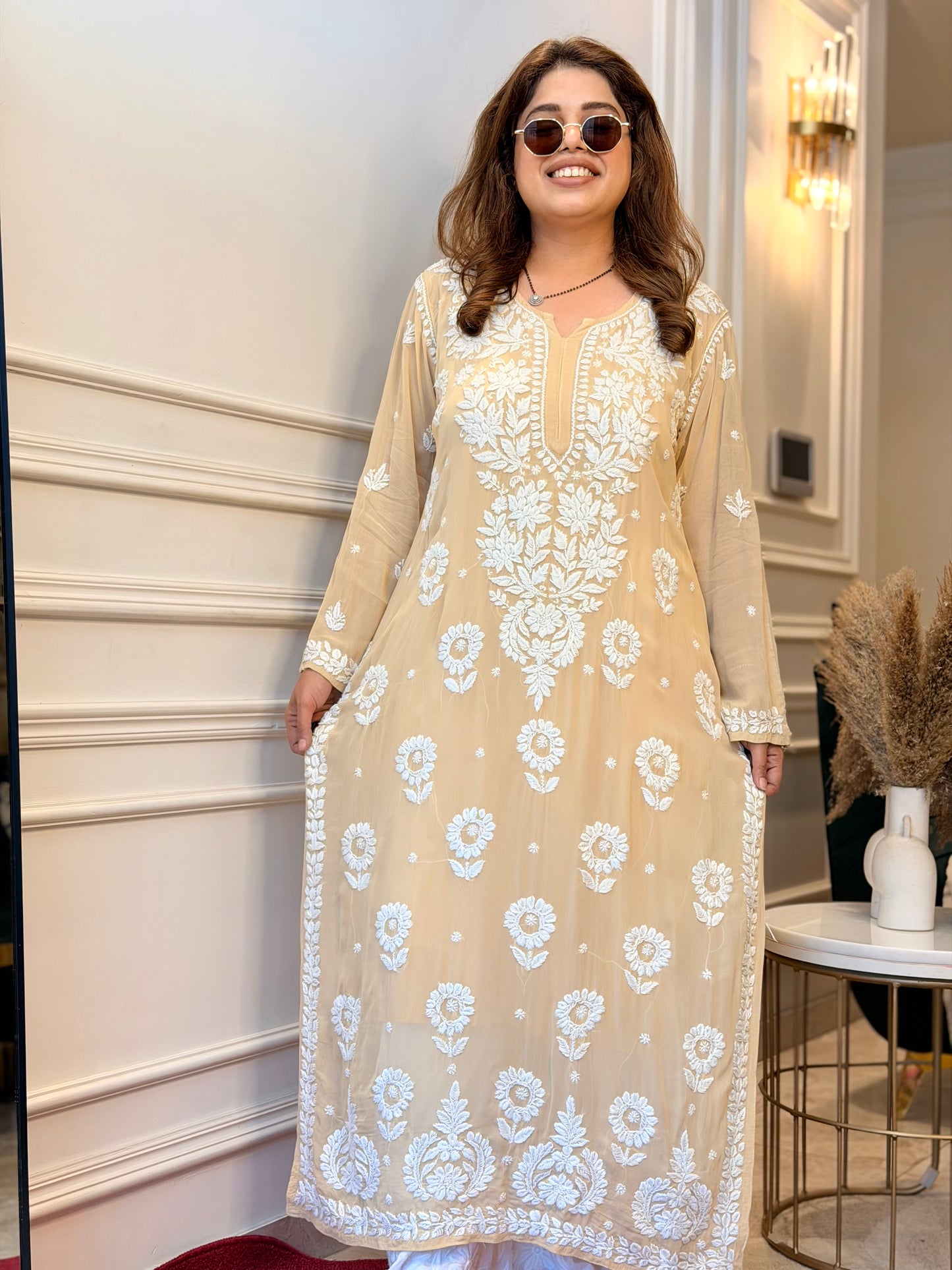 Hand Embroidered 6D Chikankari Kurta  | Premium Viscose | Ivory
