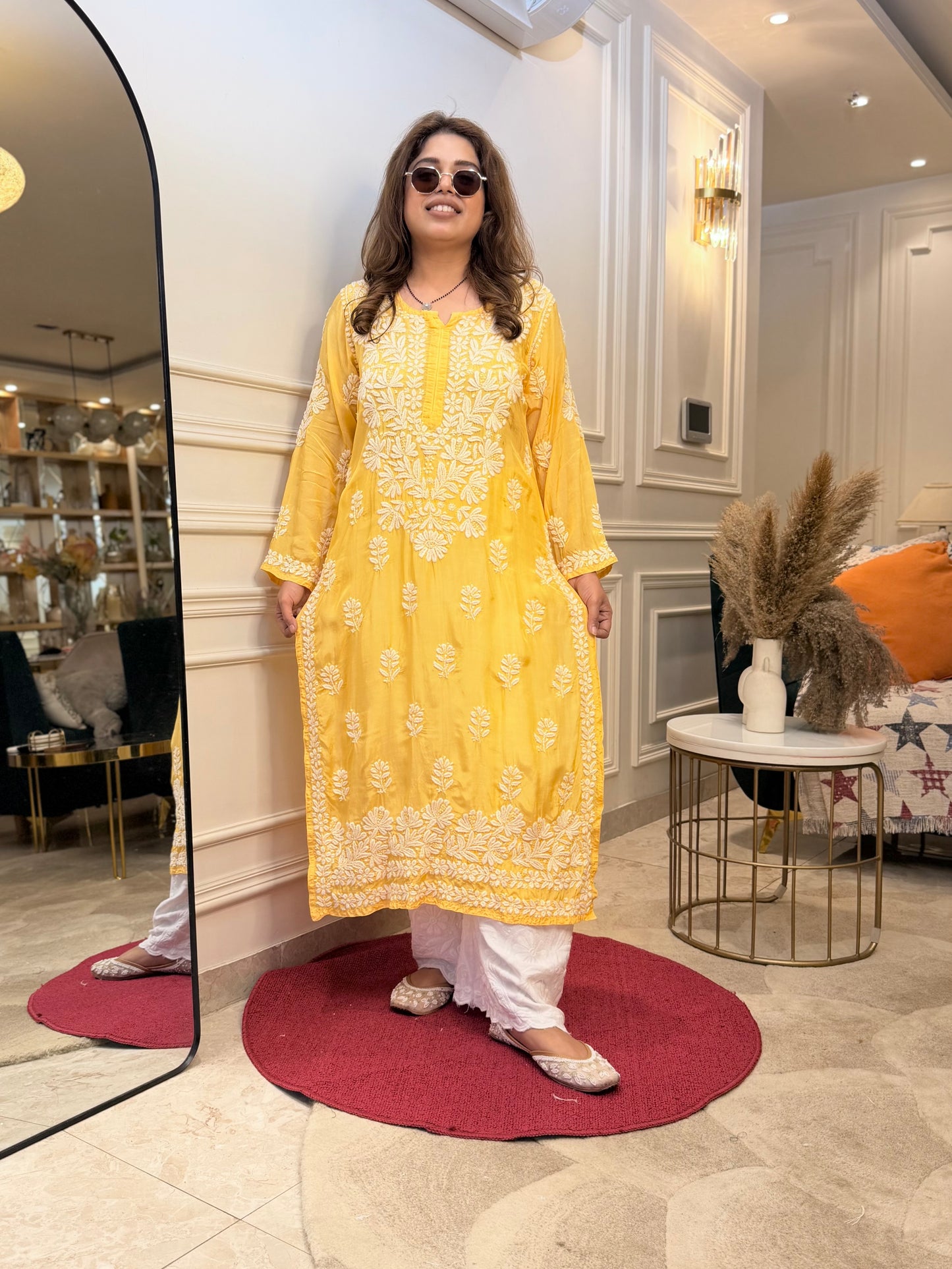 Hand Embroidered Chikankari Kurta  | Premium Mul Chanderi | Mustard Yellow