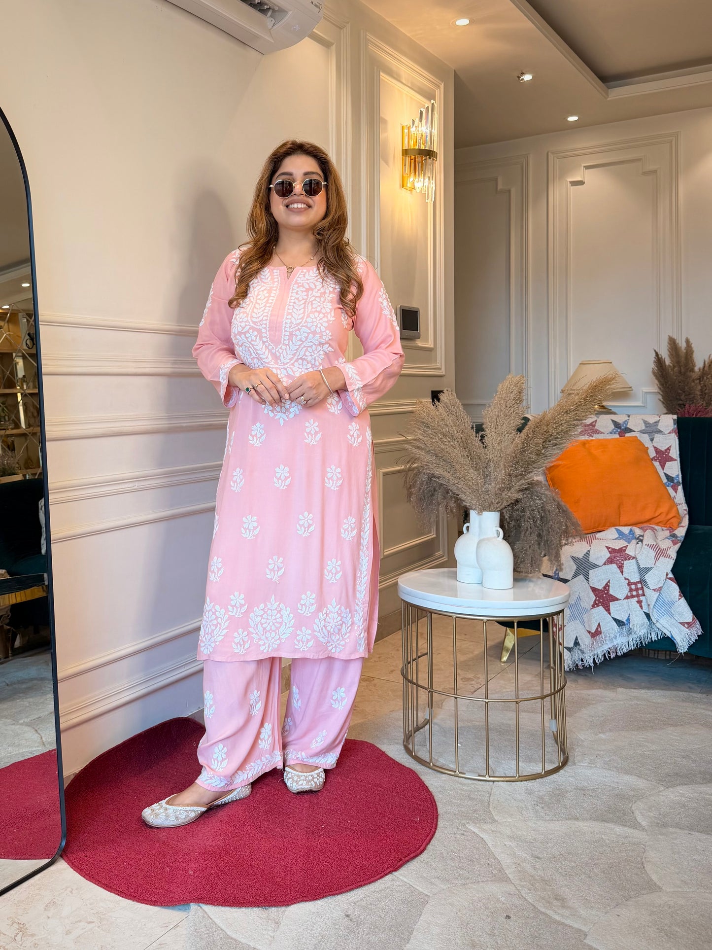 Hand Embroidered Chikankari Kurta set | Modal cotton | Light Peach