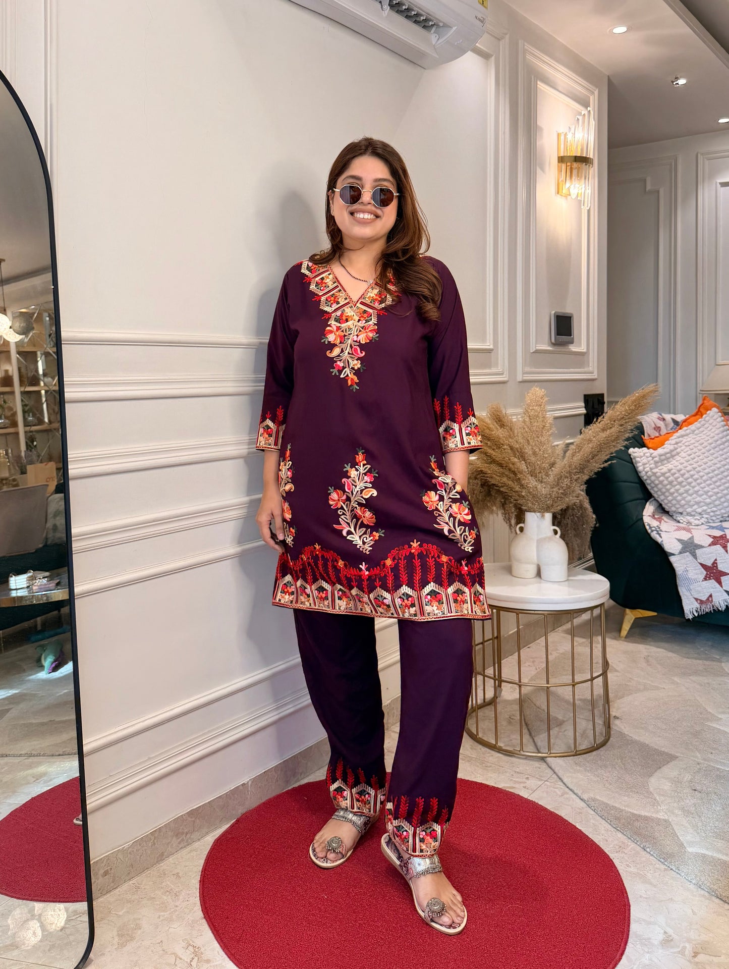 Cotton Kashmiri Emberoried Cordset- wine colour