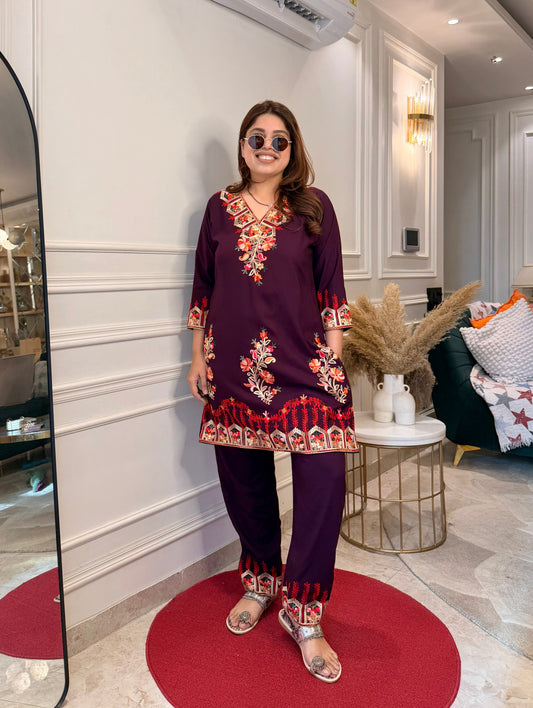 Cotton Kashmiri Emberoried Cordset- wine colour