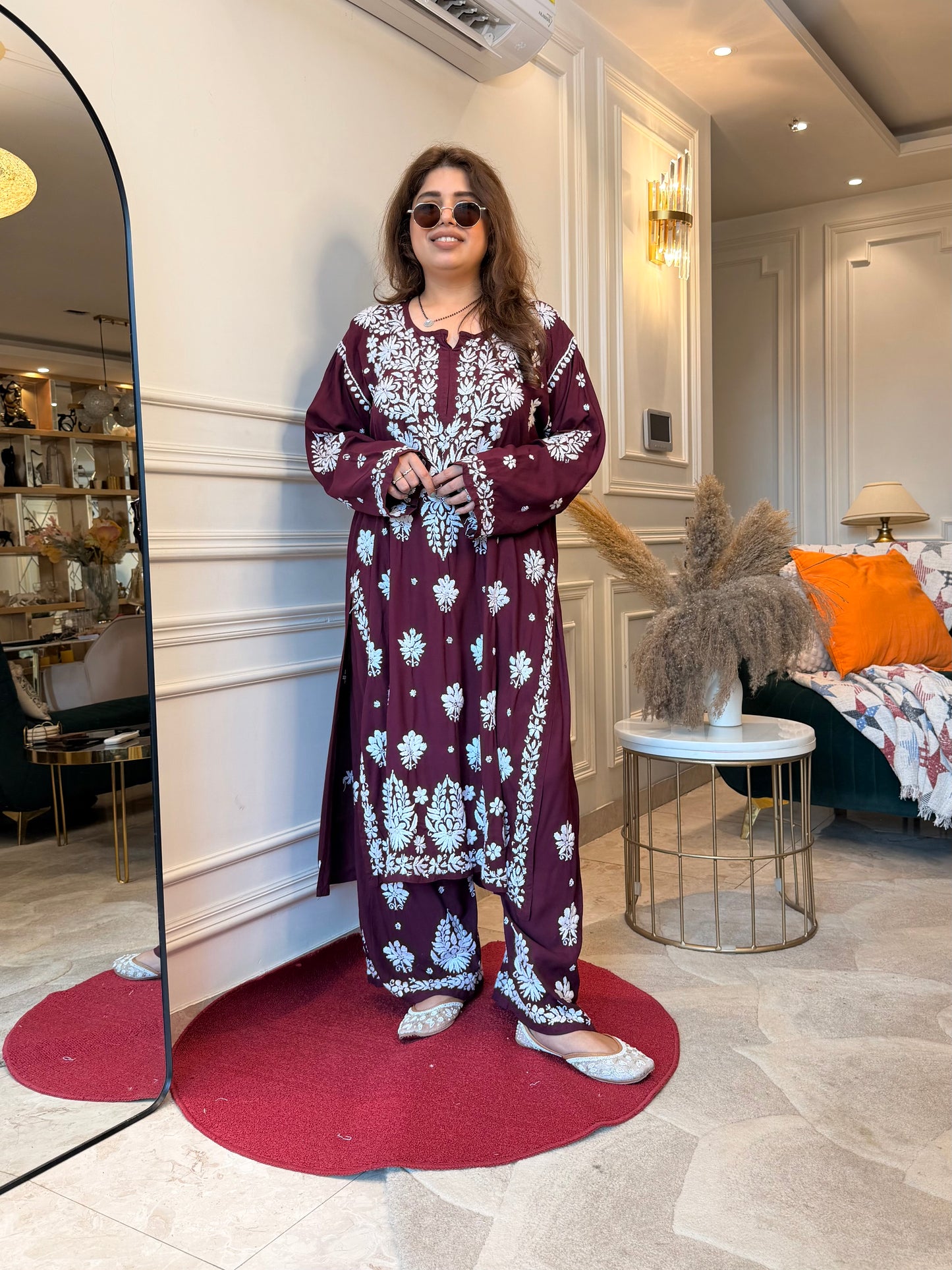 Hand Embroidered Chikankari Kurta set | Premium Modal  | wine