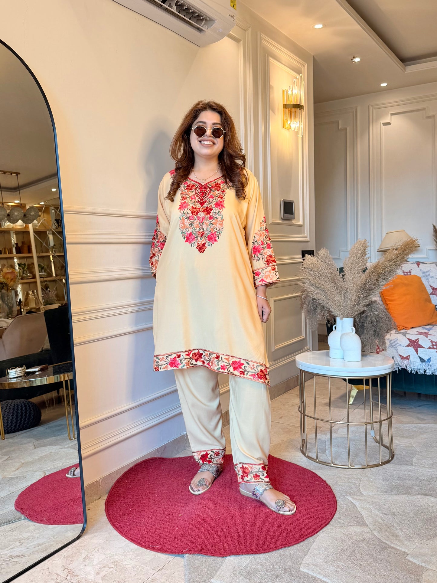 Cotton Kashmiri Emberoried Cordset-Ivory