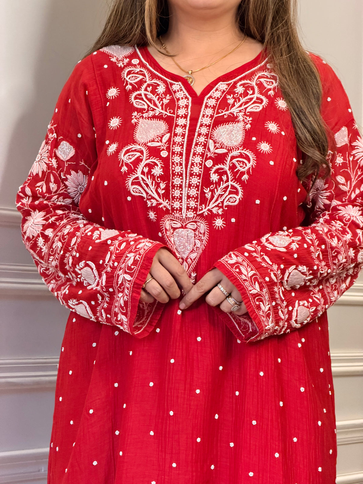 Premium Hand Embroidered Chikankari Kurta & Duppta | Mul Chanderi | Red