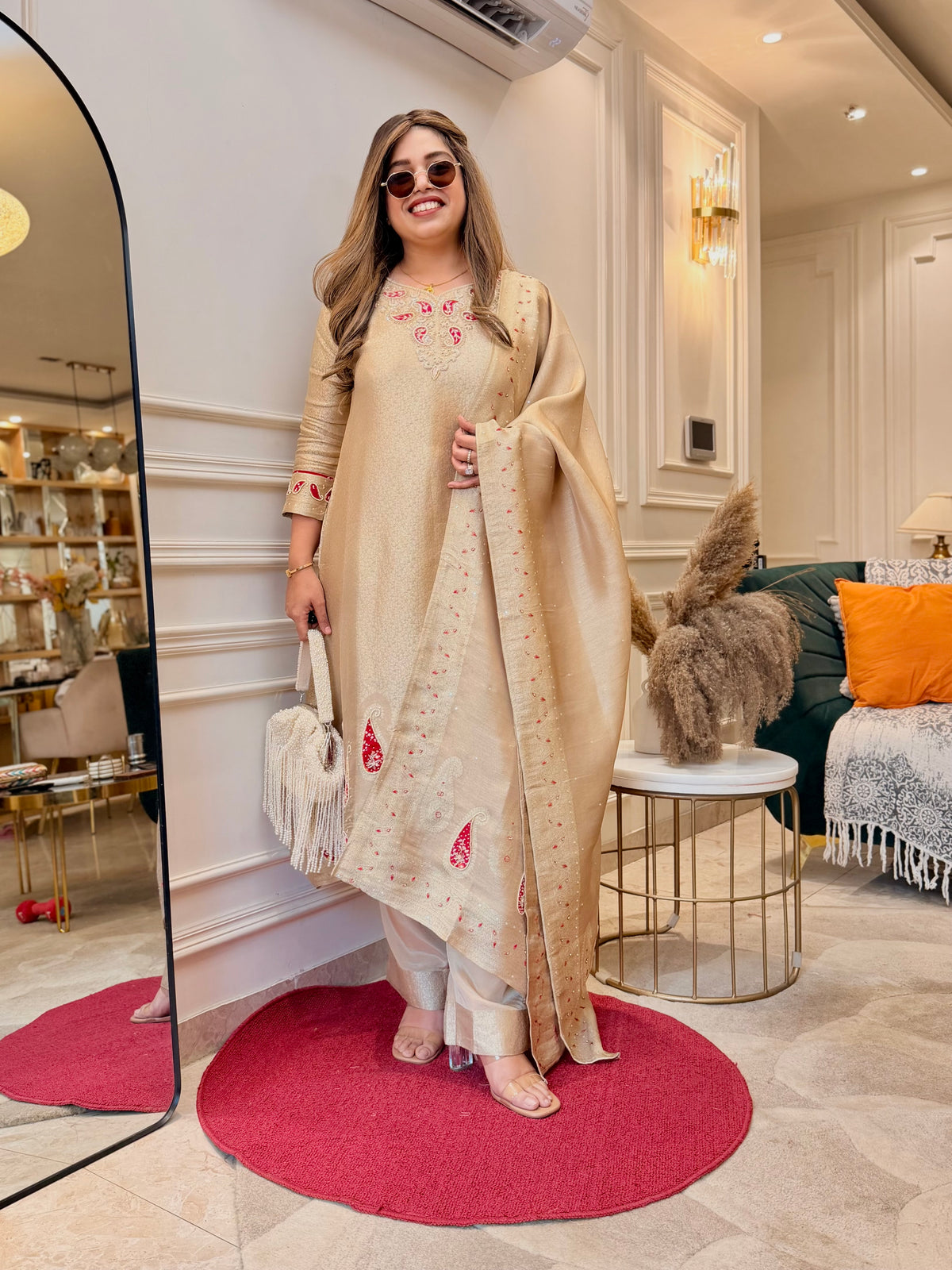 Exclusive Gold Beige Brocade Jacquard 3Piece A line kurta set
