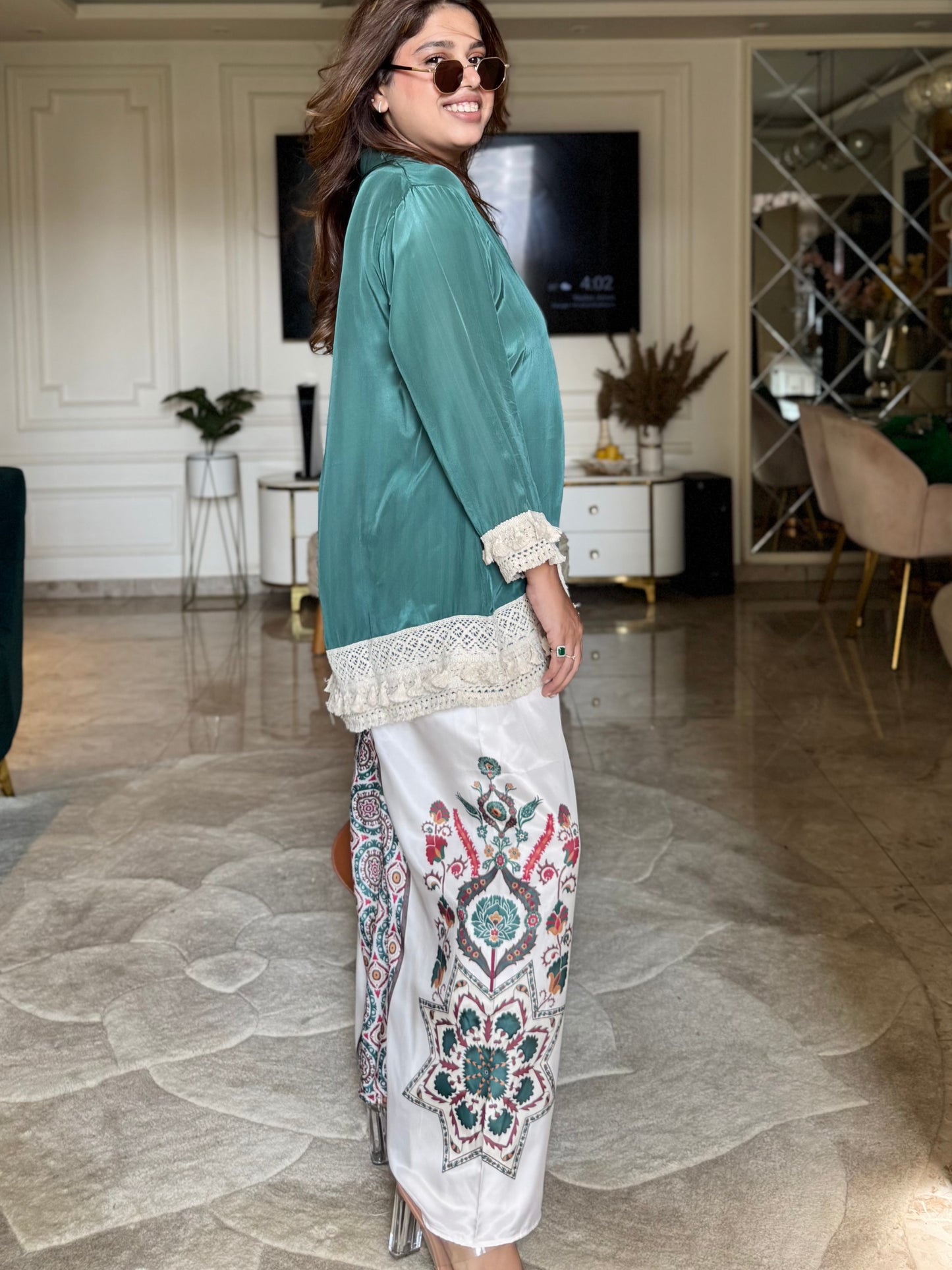 Boho Grace Co-ord Set – Emerald & Ivory Fusion-Plus Size