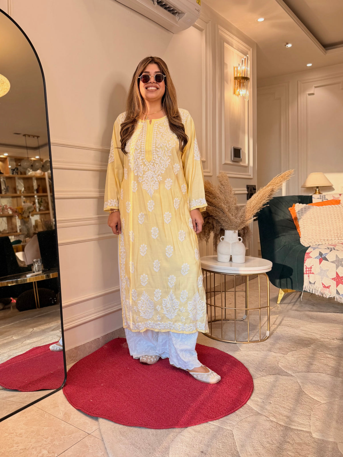 Hand Embroidered 3D Chikankari Kurta | Mul Chanderi | Butter Yellow
