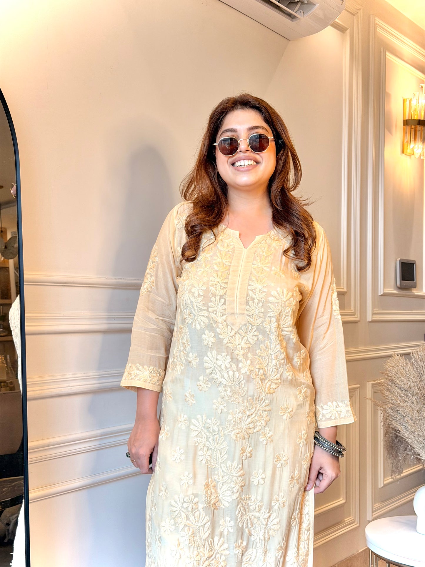Hand embroidered Chikankari Kurta set | Mul Chanderi | Ivory colour