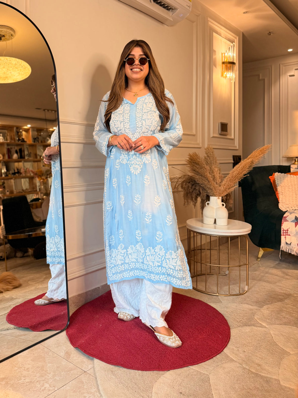Hand Embroidered 3D Chikankari Kurta | Mul Chanderi | Sky Blue
