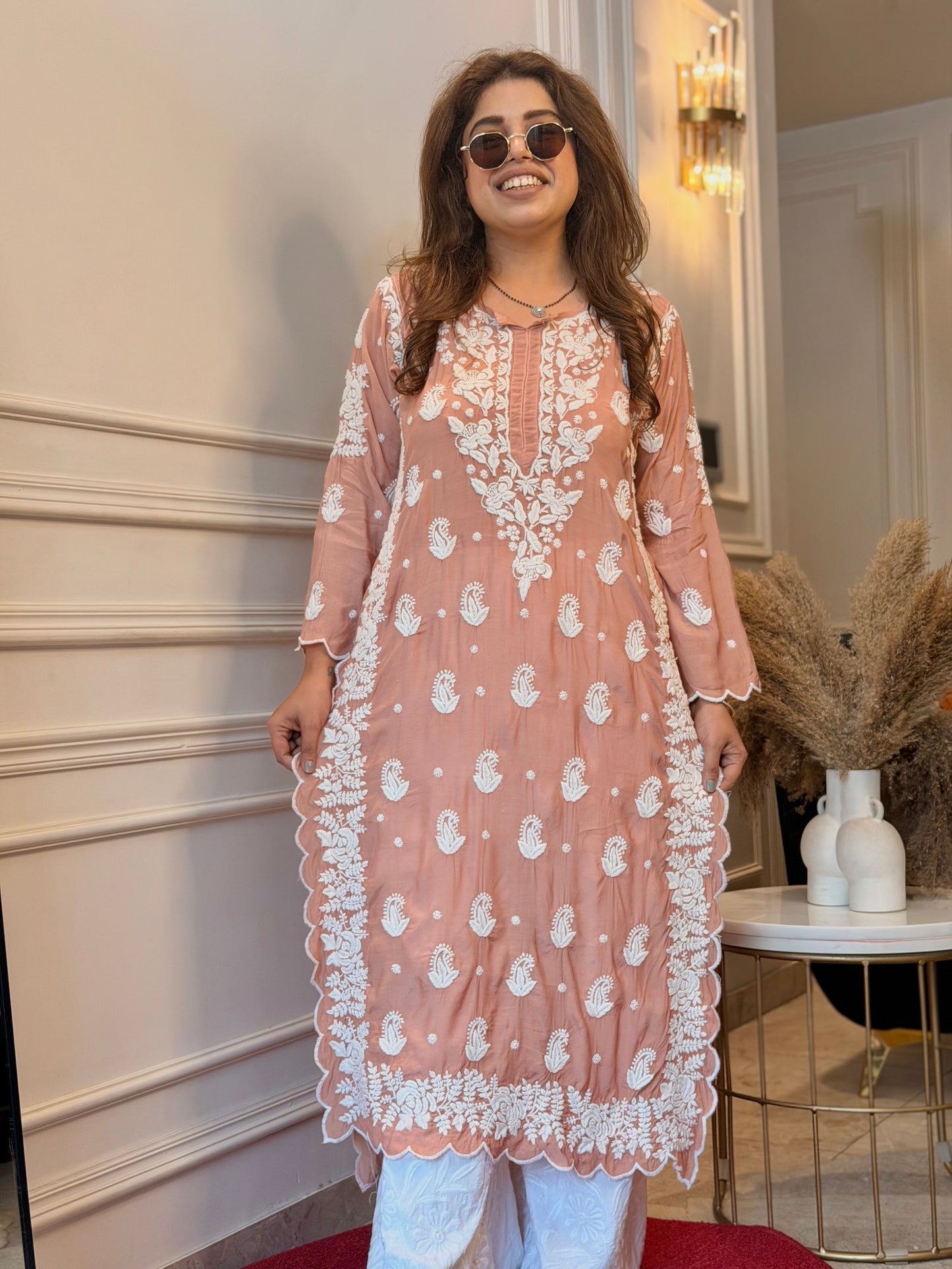 Hand embroidered 6D Chikankari Kurta | Mul Chanderi | Sand