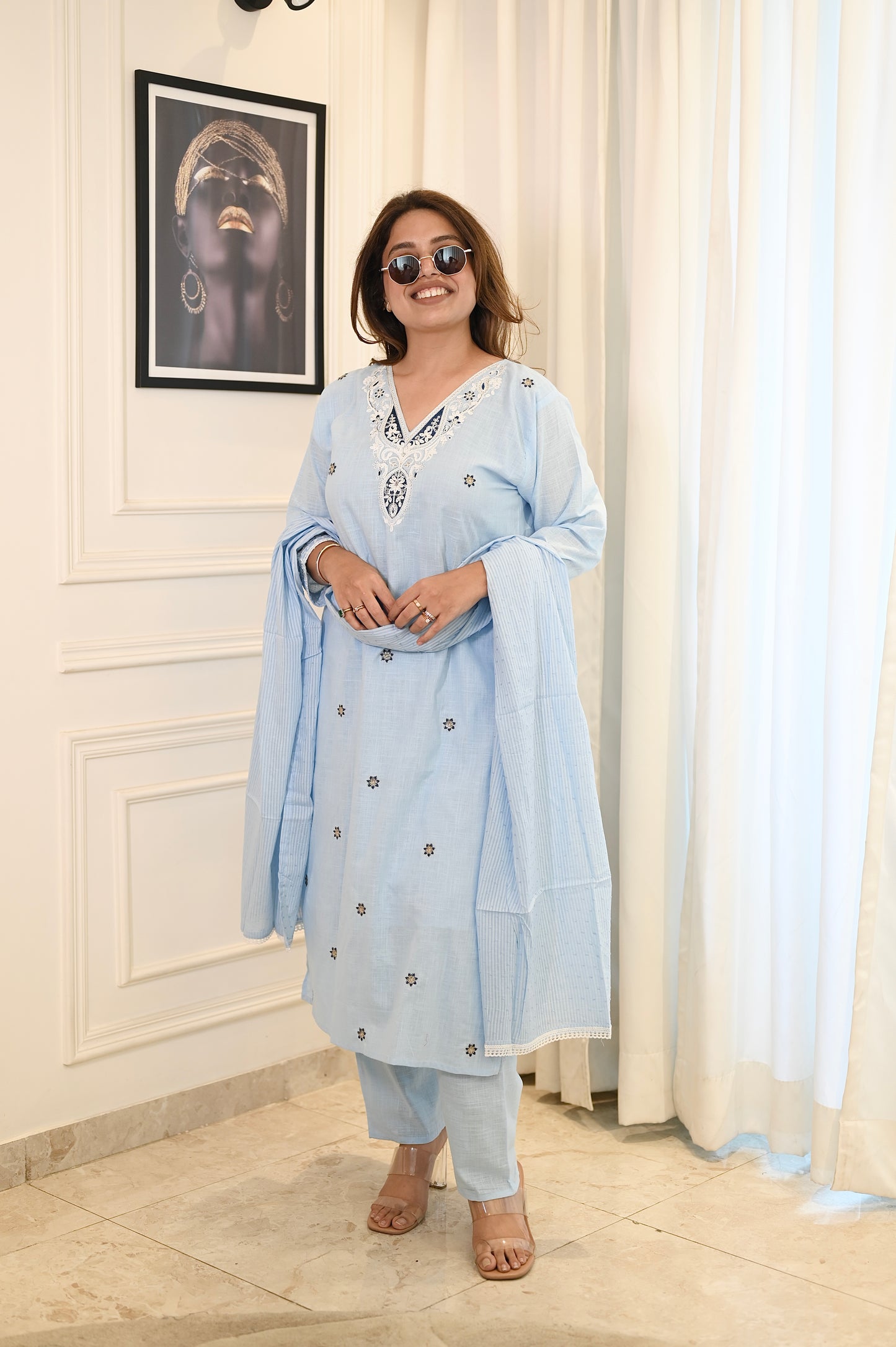 Elegant Sky Blue Cotton Suit Set