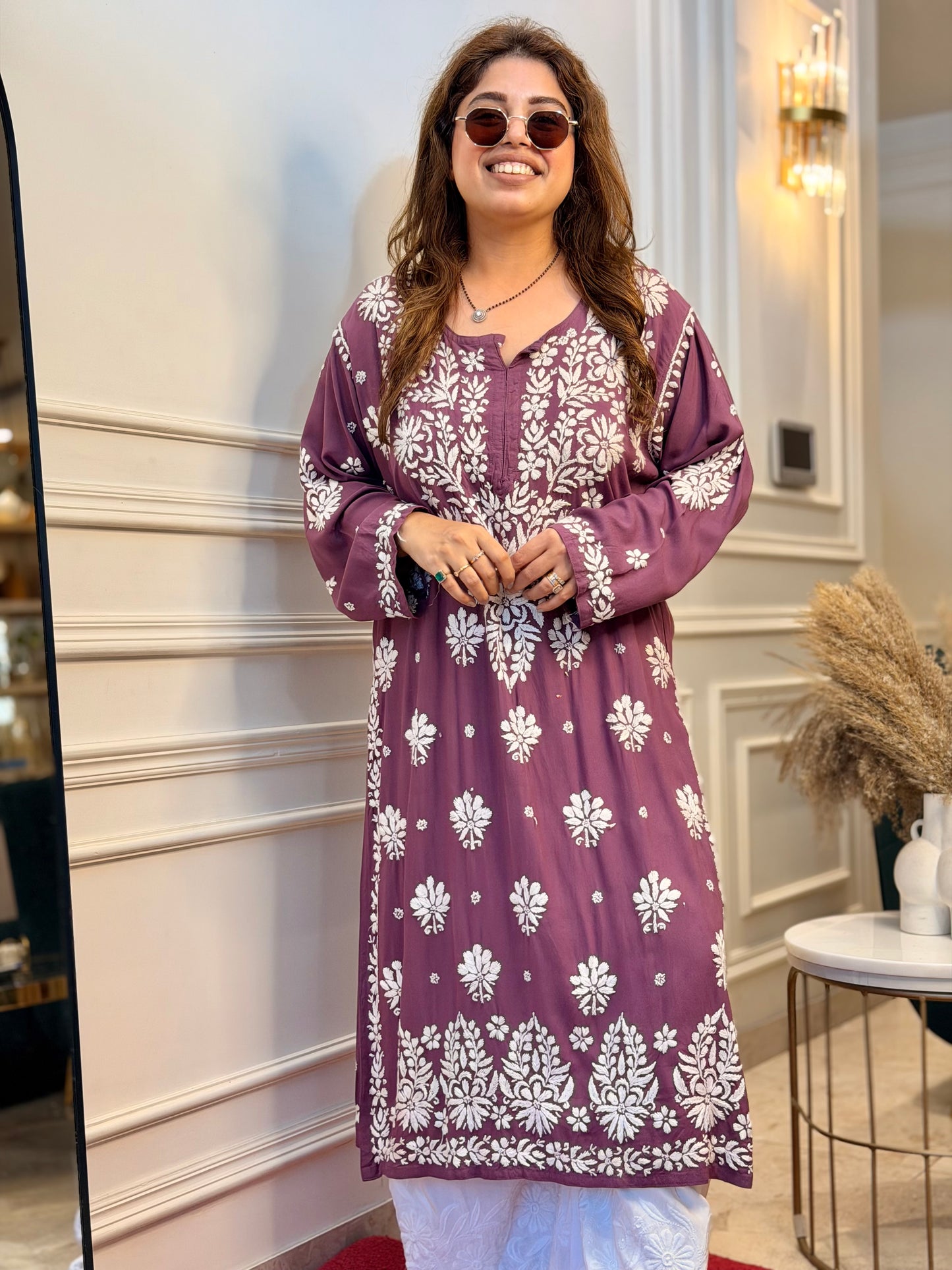 Hand Embroidered Chikankari Kurta set | Modal | Plum Blush