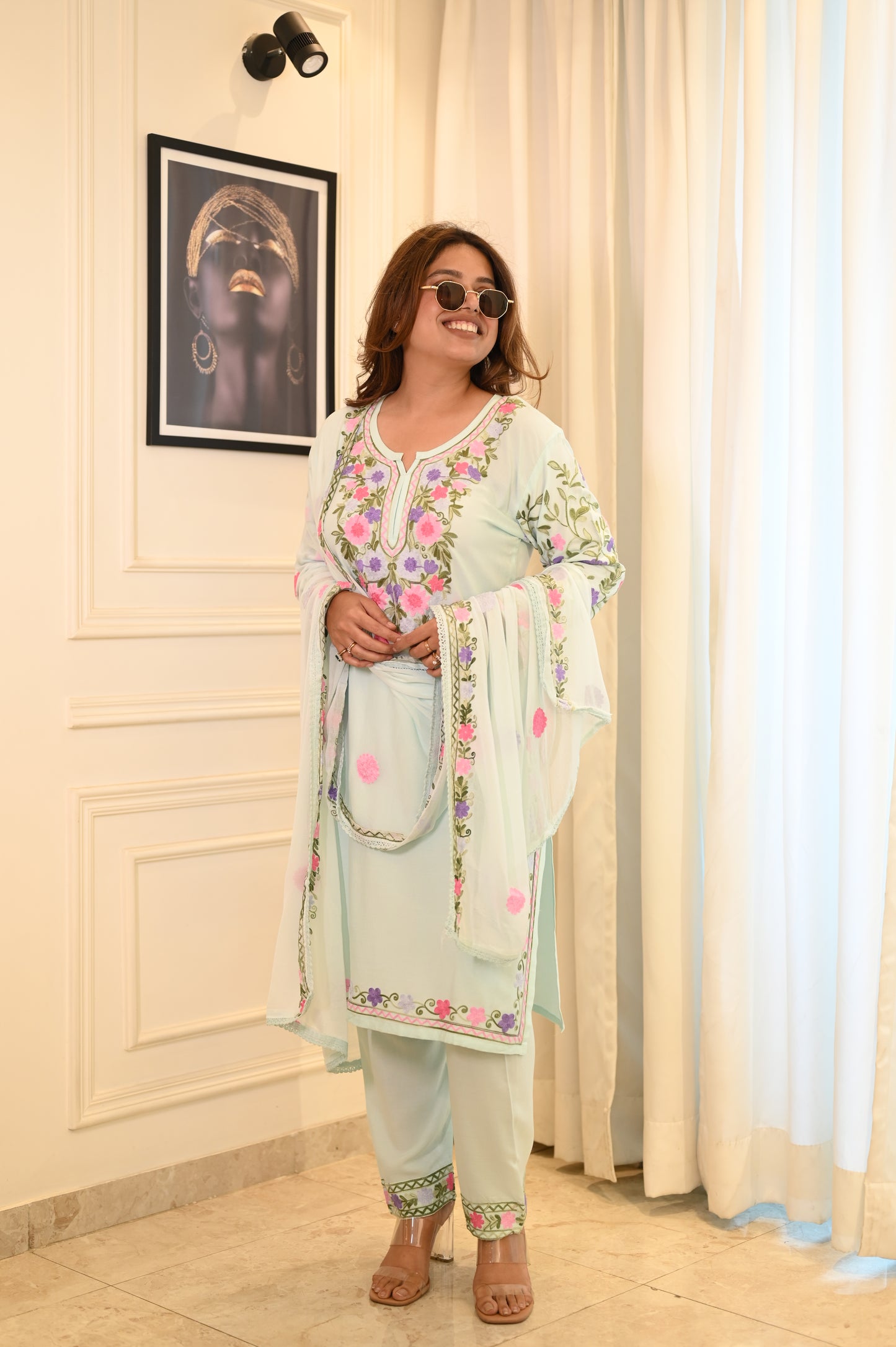 Elegant Frozi Blue Floral Embroidered Suit