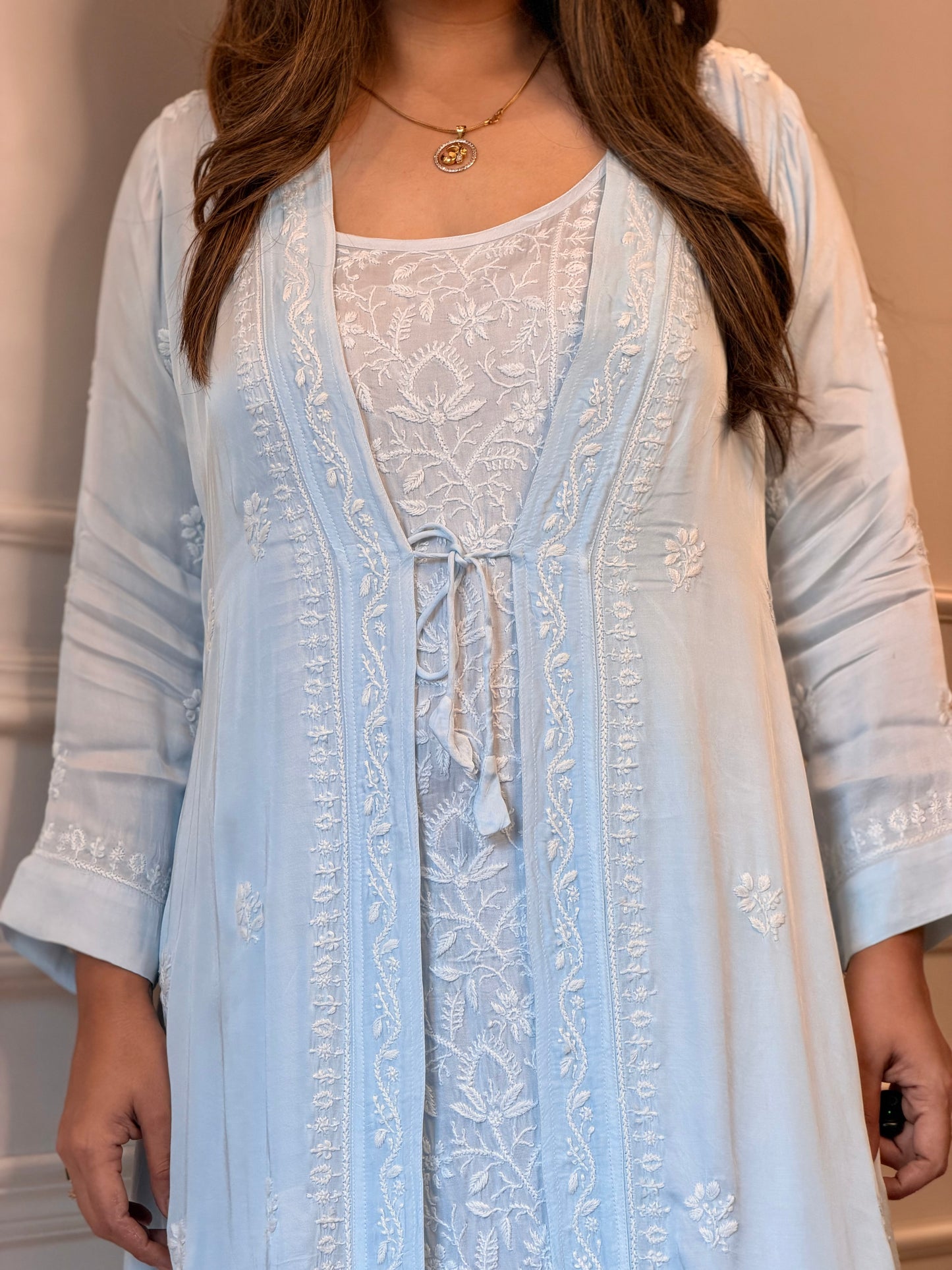 Premium 3 Piece Hand Embroidered Chikankari Kurta set | Modal satin | Powder Blue
