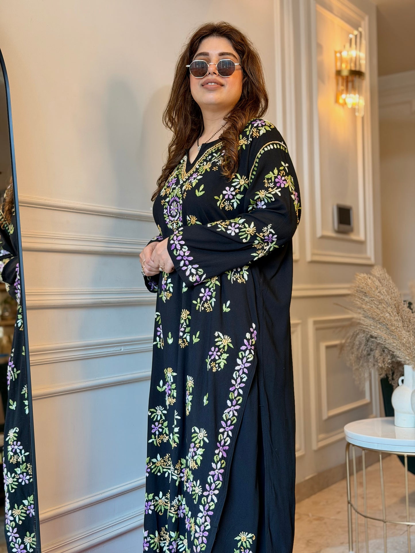 Hand Embroidered Chikankari Kurta set | Modal  | Black with Purple