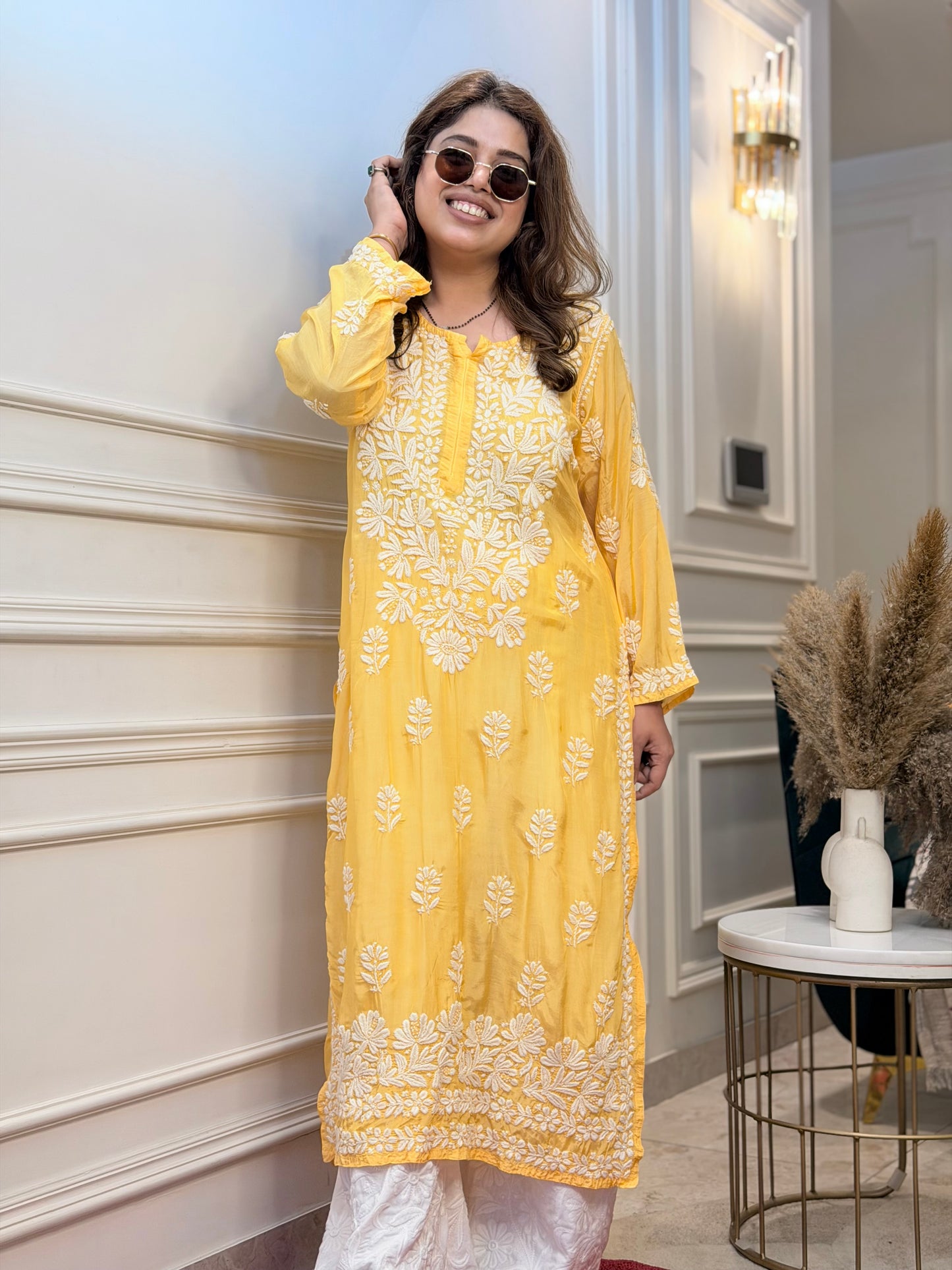 Hand Embroidered Chikankari Kurta  | Premium Mul Chanderi | Mustard Yellow
