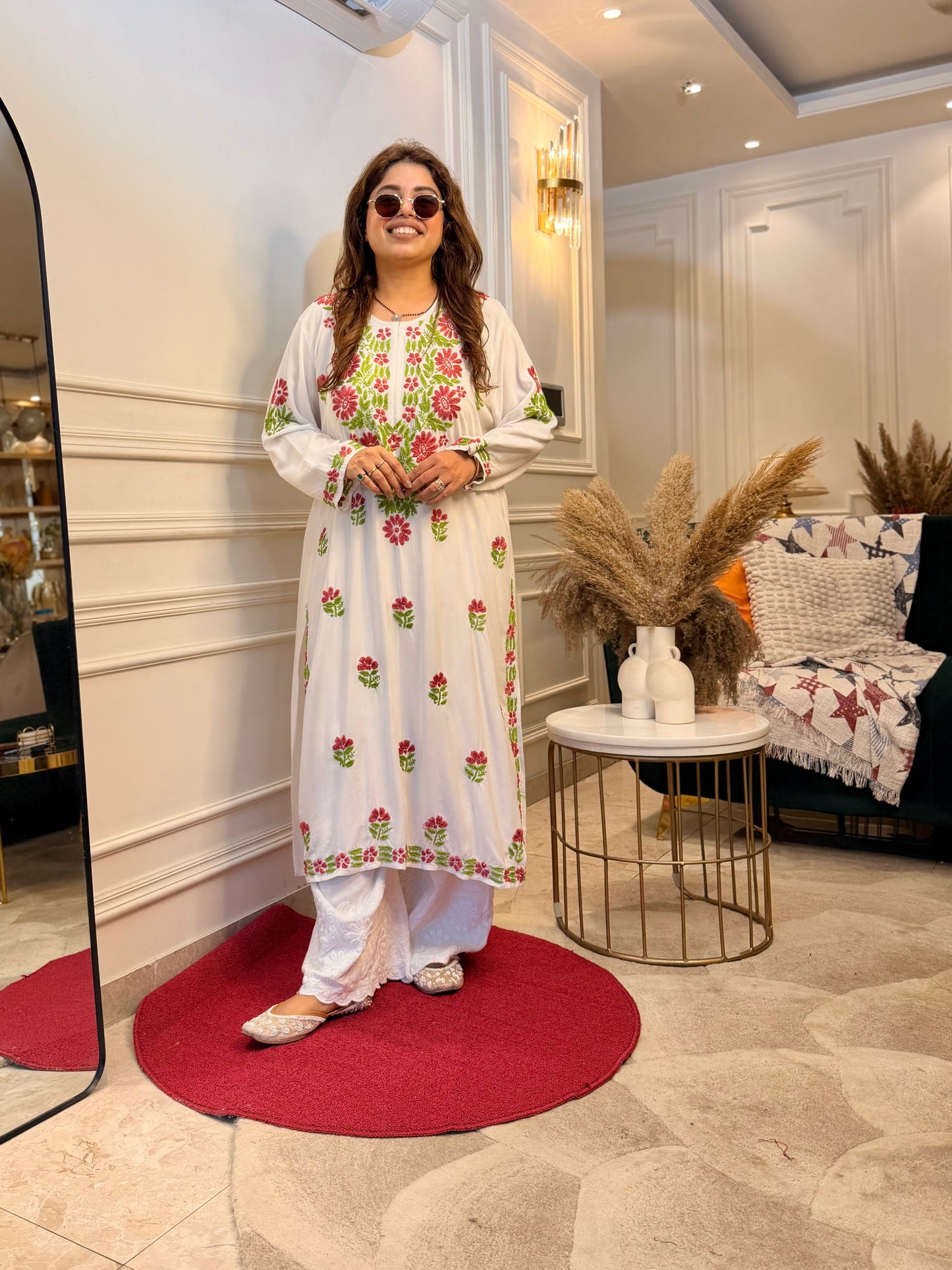 Hand embroidered Chikankari Kurta | Premium Cotton | White with Green & Pink