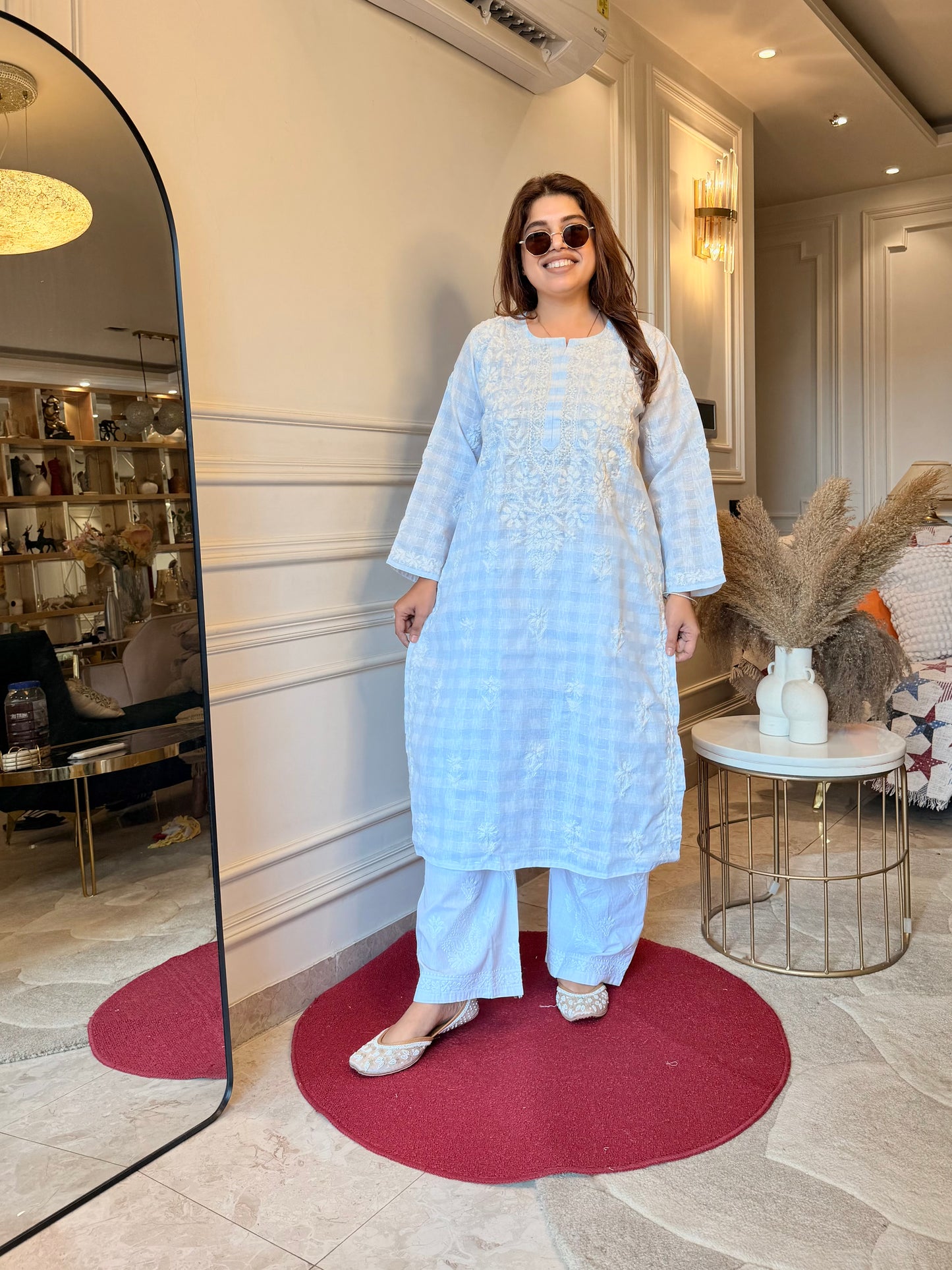 Hand Embroidered Chikankari Kurta Set - Kota Doriya Fabric | Powder Blue