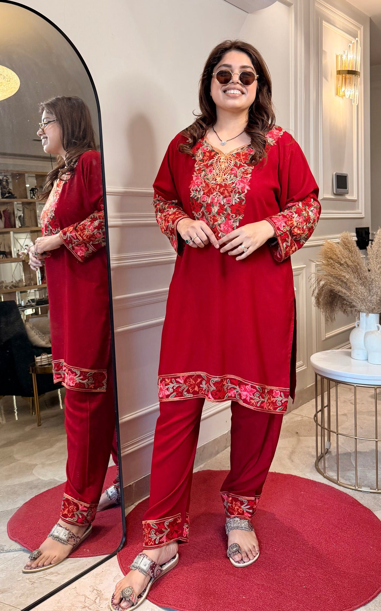 Cotton Kashmiri Emberoried Cordset- Red colour