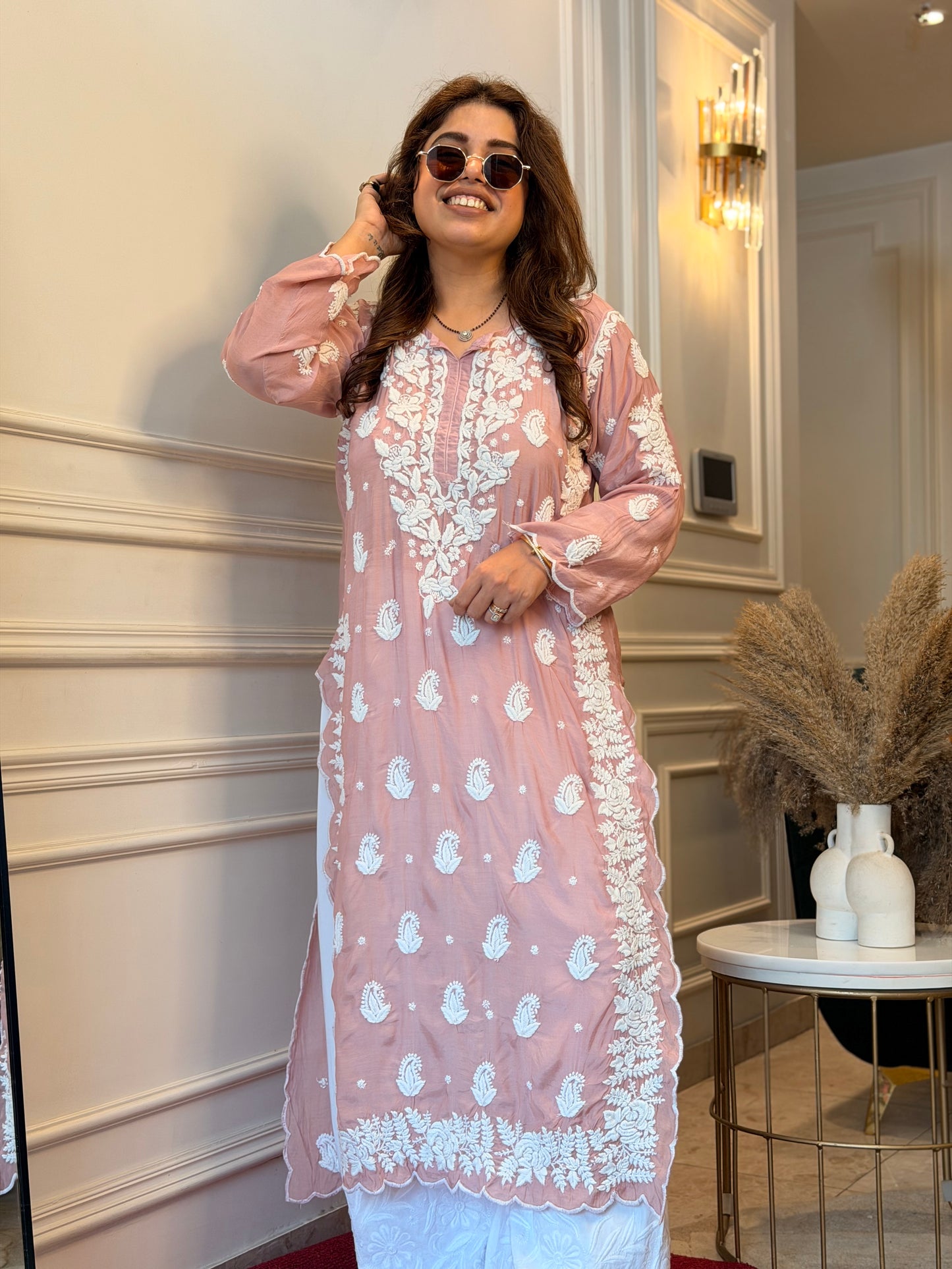 Hand embroidered 6D Chikankari Kurta | Mul Chanderi | Nude