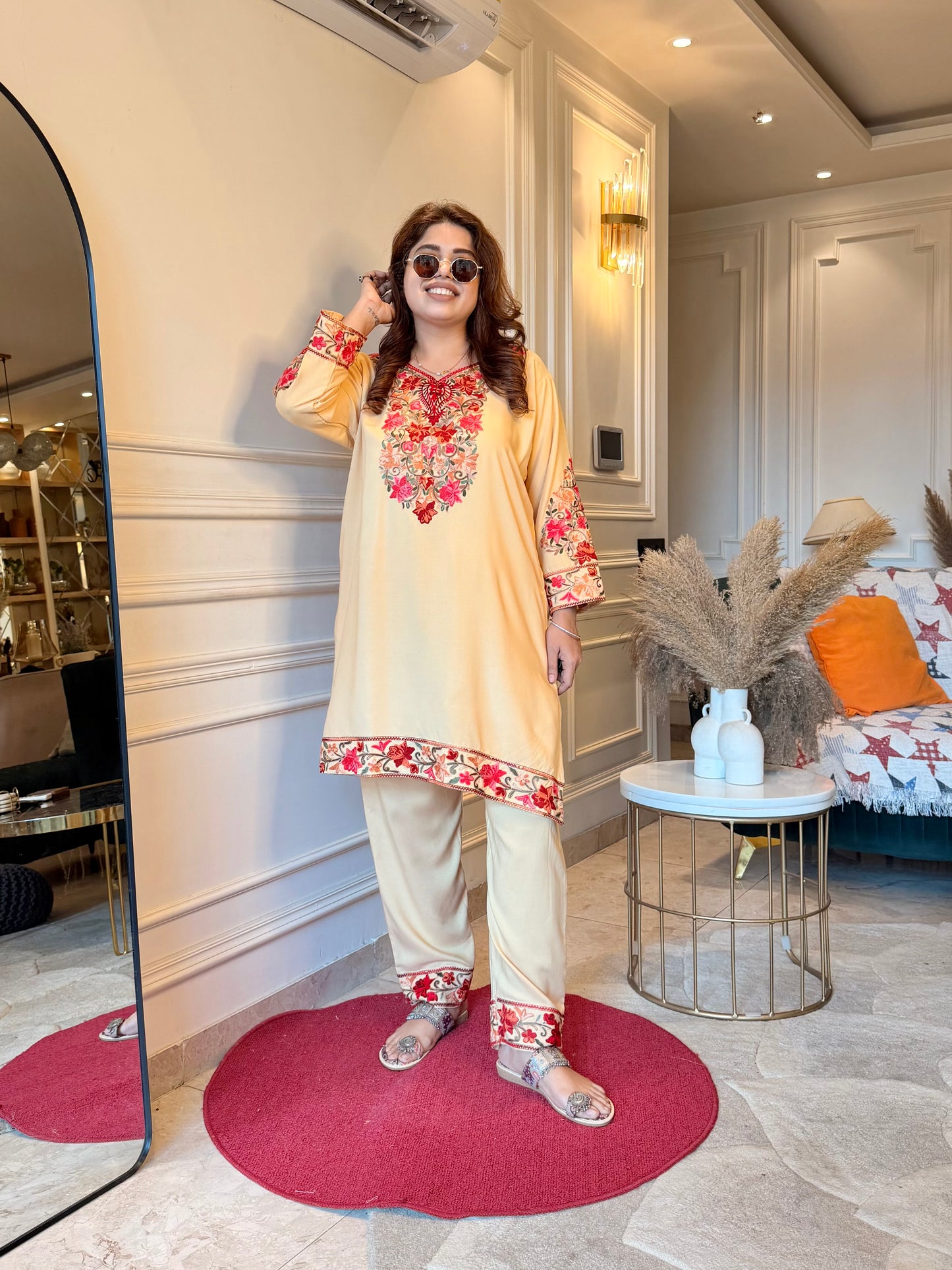 Cotton Kashmiri Emberoried Cordset-Ivory