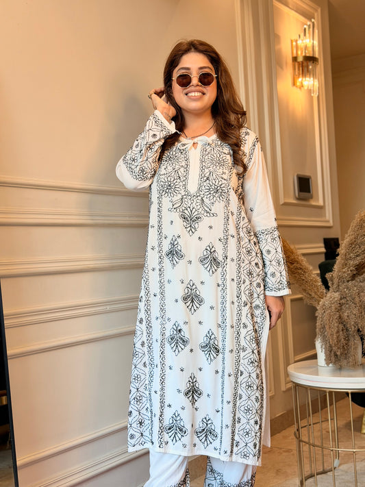 Hand embroidered Chikankari Kurta Set |Premium Soft Cotton | White with Black