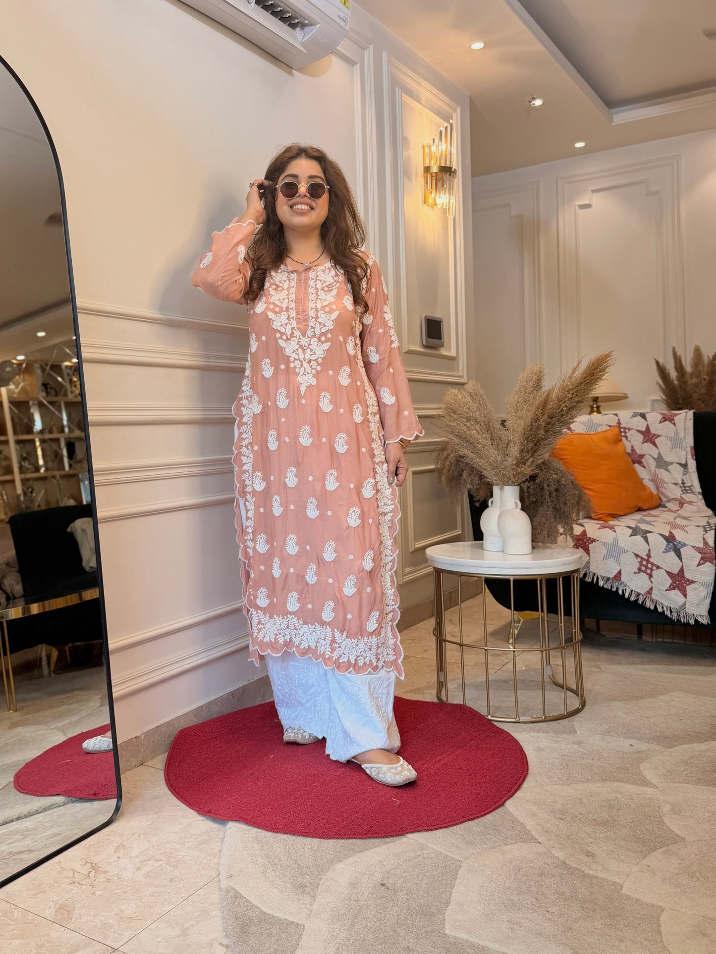 Hand embroidered 6D Chikankari Kurta | Mul Chanderi | Sand