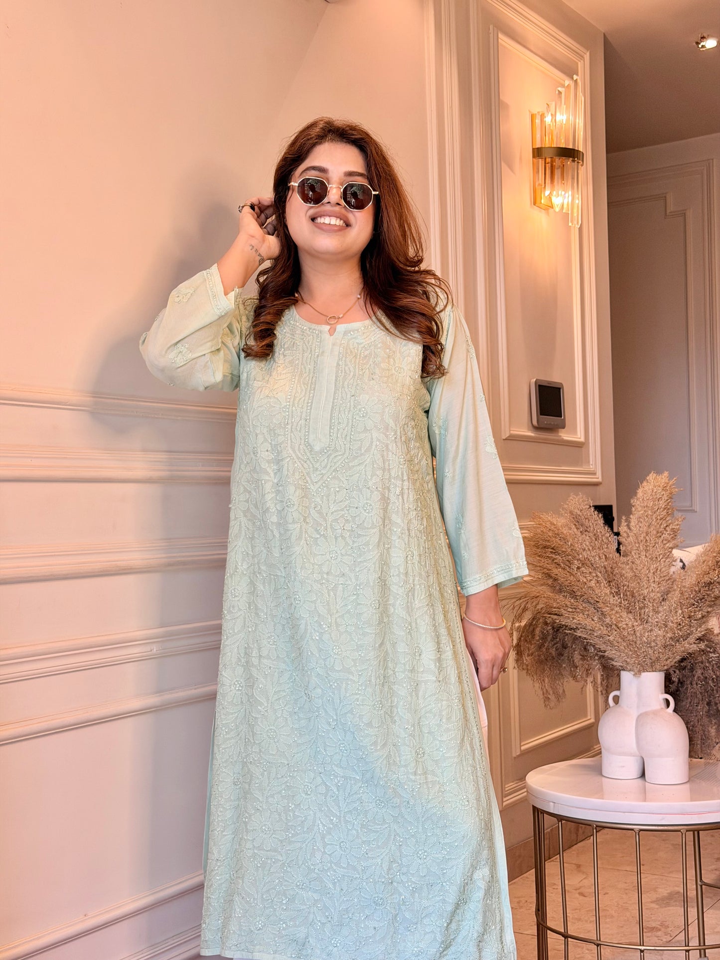 Hand Embroidered Chikankari Kurta  | Premium Muslin | Pistachio Green