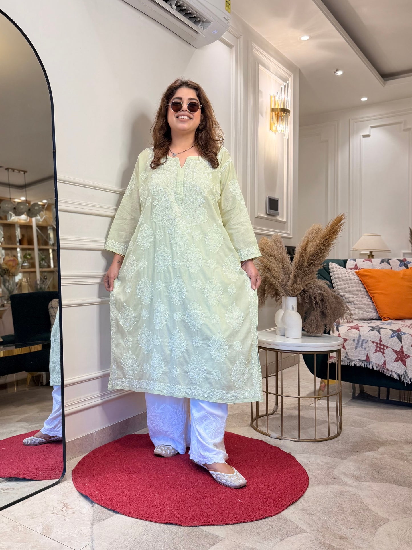 Hand Embroidered Chikankari Kurta | Premium Mul Cotton | Pista Green