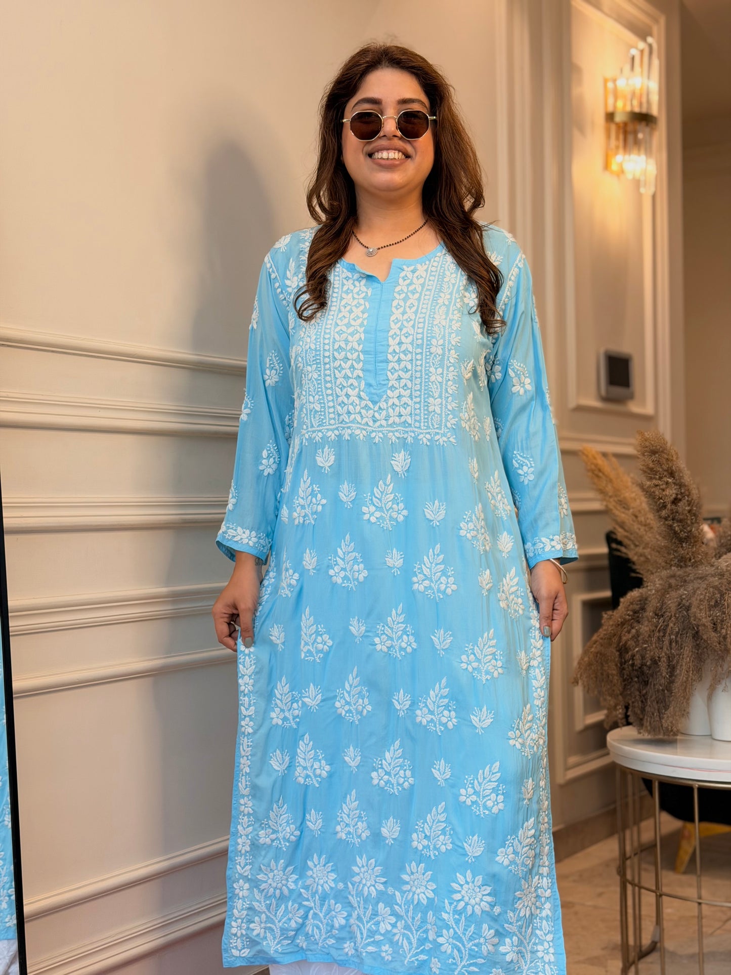 Hand Embroidered 3DChikankari Kurta  | Mul Chanderi | Frozi Blue