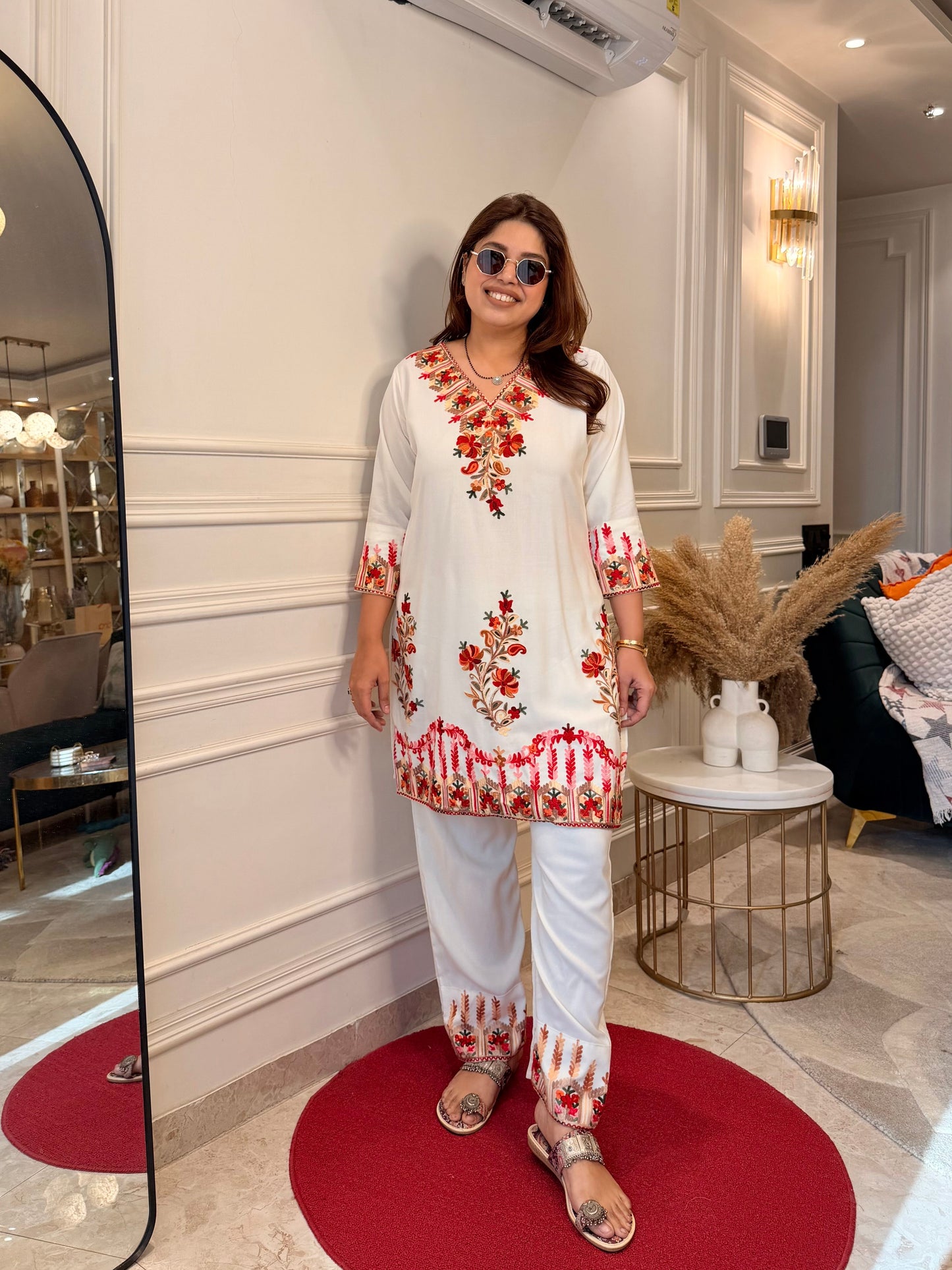 Cotton Kashmiri Emberoried Cordset- Cream colour