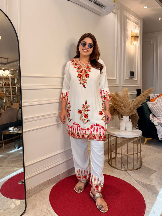 Cotton Kashmiri Emberoried Cordset- Cream colour