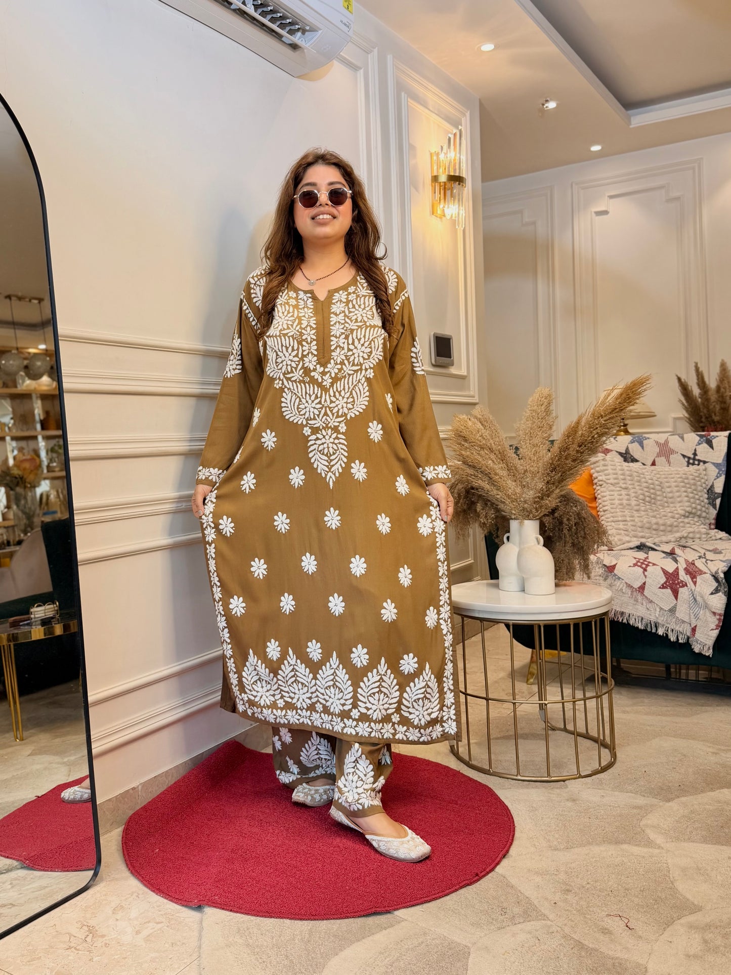Hand Embroidered Chikankari Kurta set | Modal  | Amber Brown