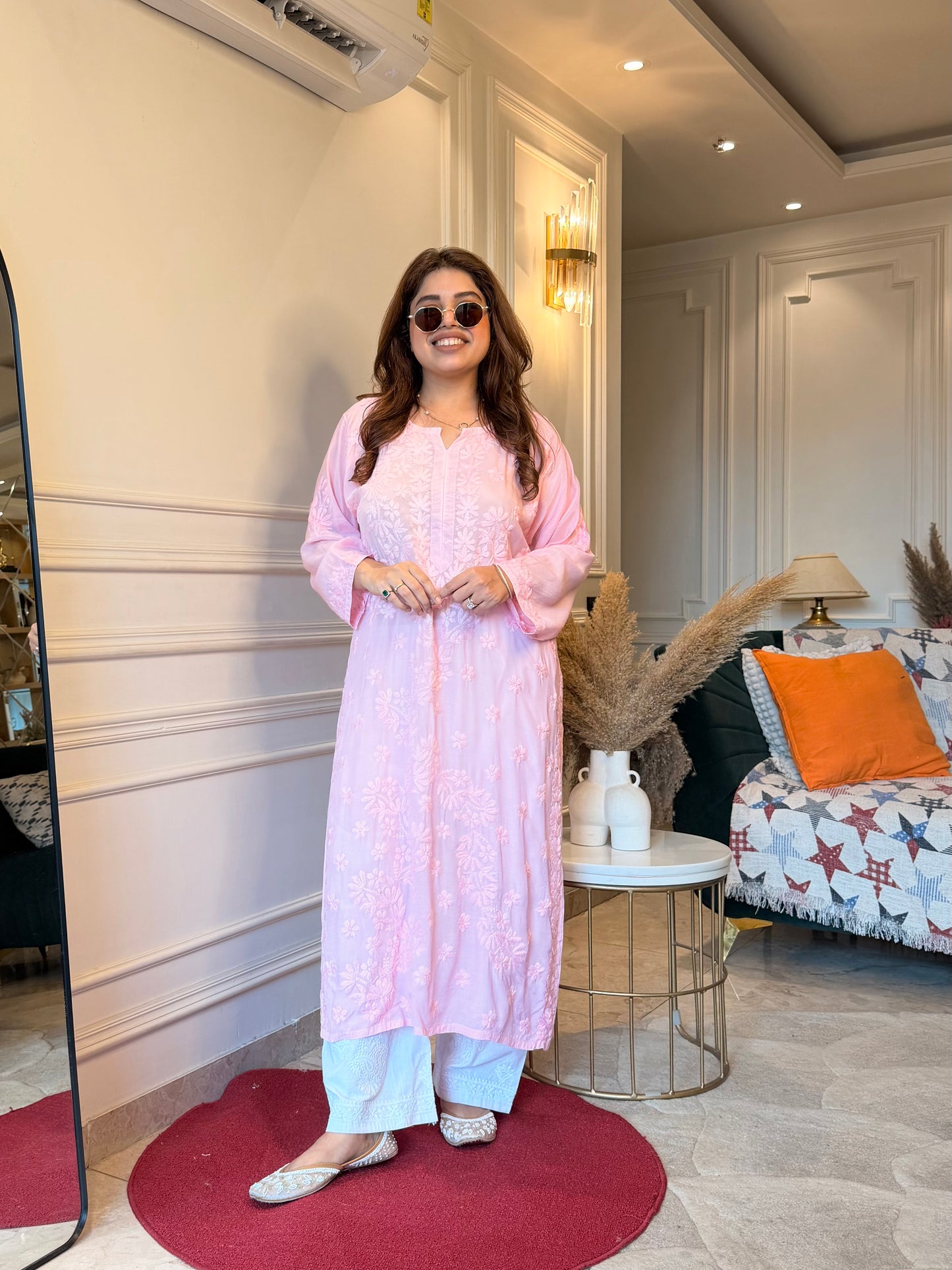 Hand Embroidered Chikankari Kurta set | Mul Chanderi | Baby Pink