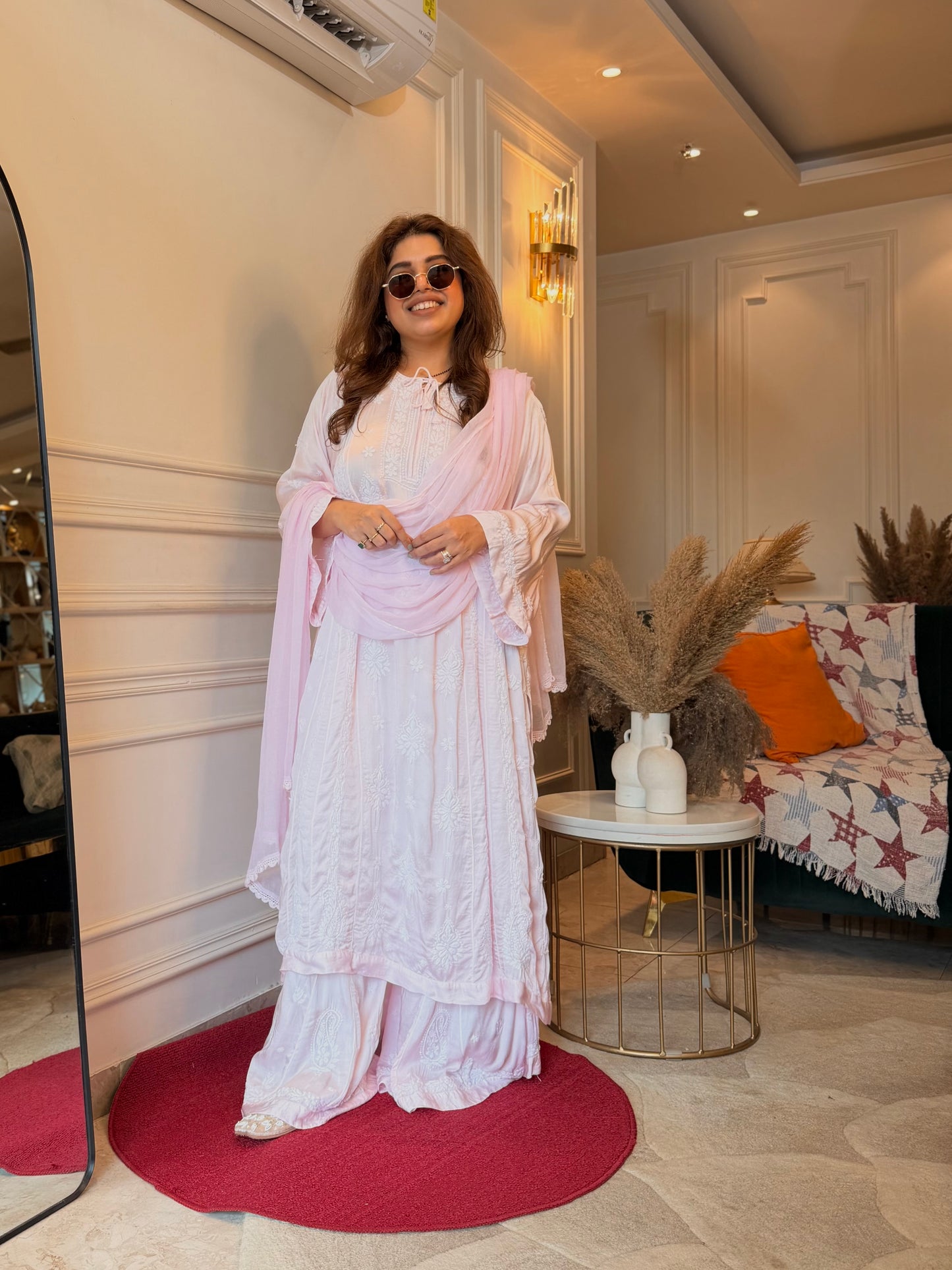 Hand Embroidered 3D Chikankari 3 Piece Kurta set | Modal Satin Silk  | Baby Pink