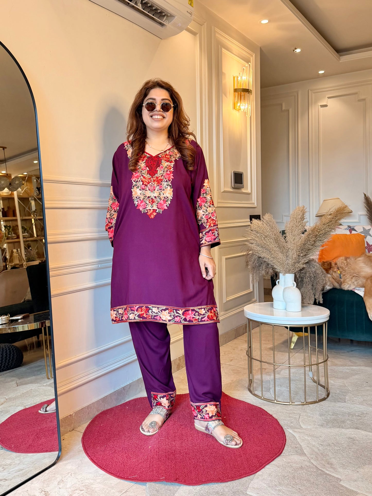 Cotton Kashmiri Emberoried Cordset-Wine