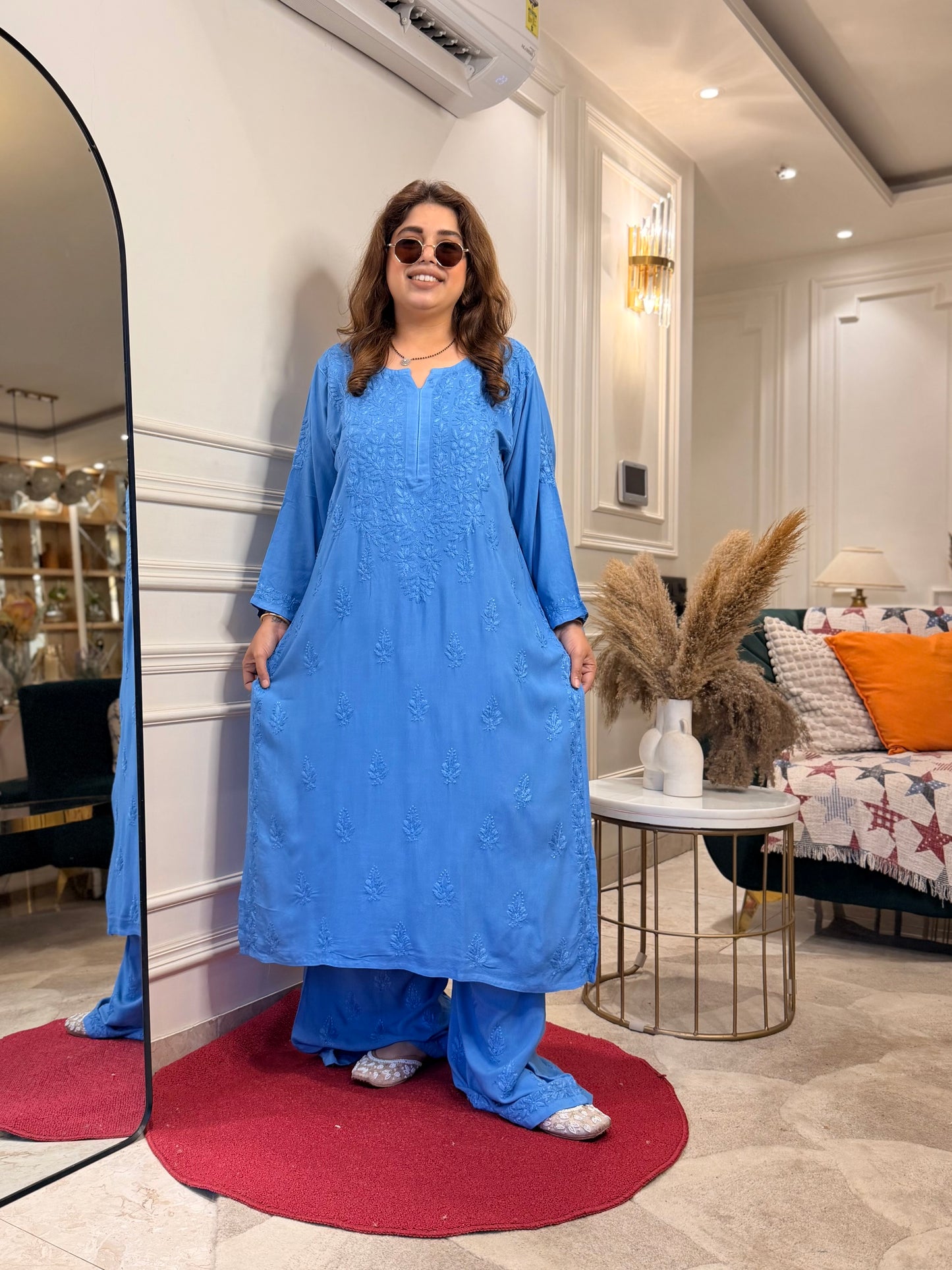 Hand Embroidered Chikankari Kurta set | Modal  |  Blue