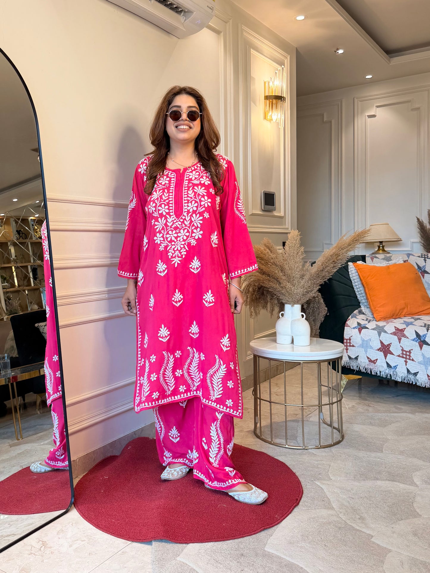 Hand Embroidered Chikankari Kurta set | Modal | Hot Pink