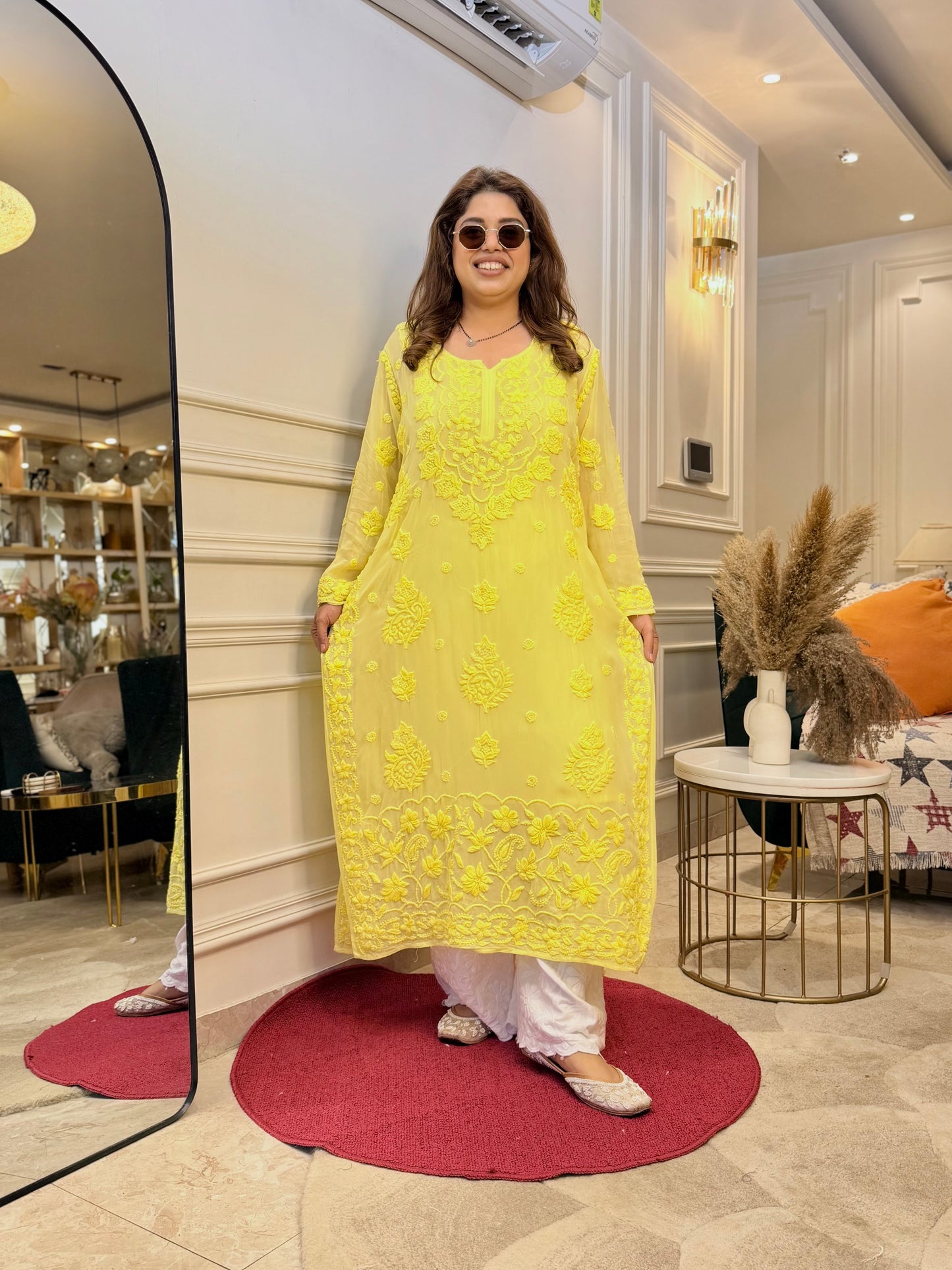 Hand Embroidered 6D Chikankari Kurta  | Premium Viscose | Neon yellow