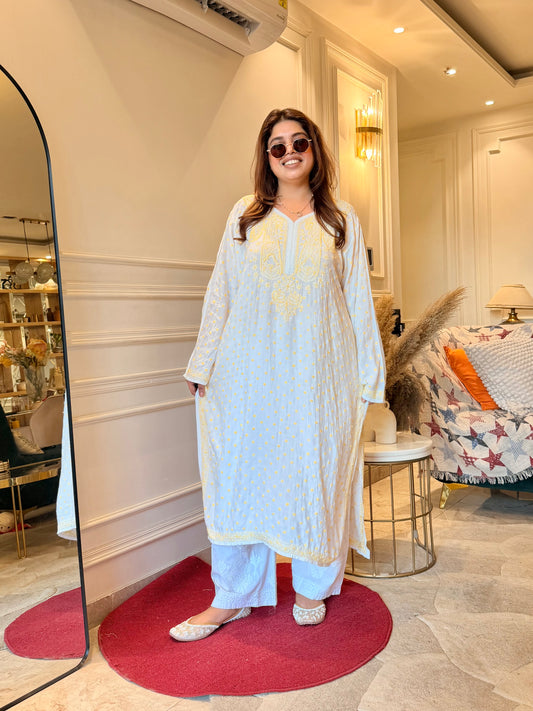 Hand Embroidered Chikankari Kurta  | Mul Chanderi | white with Yellow | Plus Size
