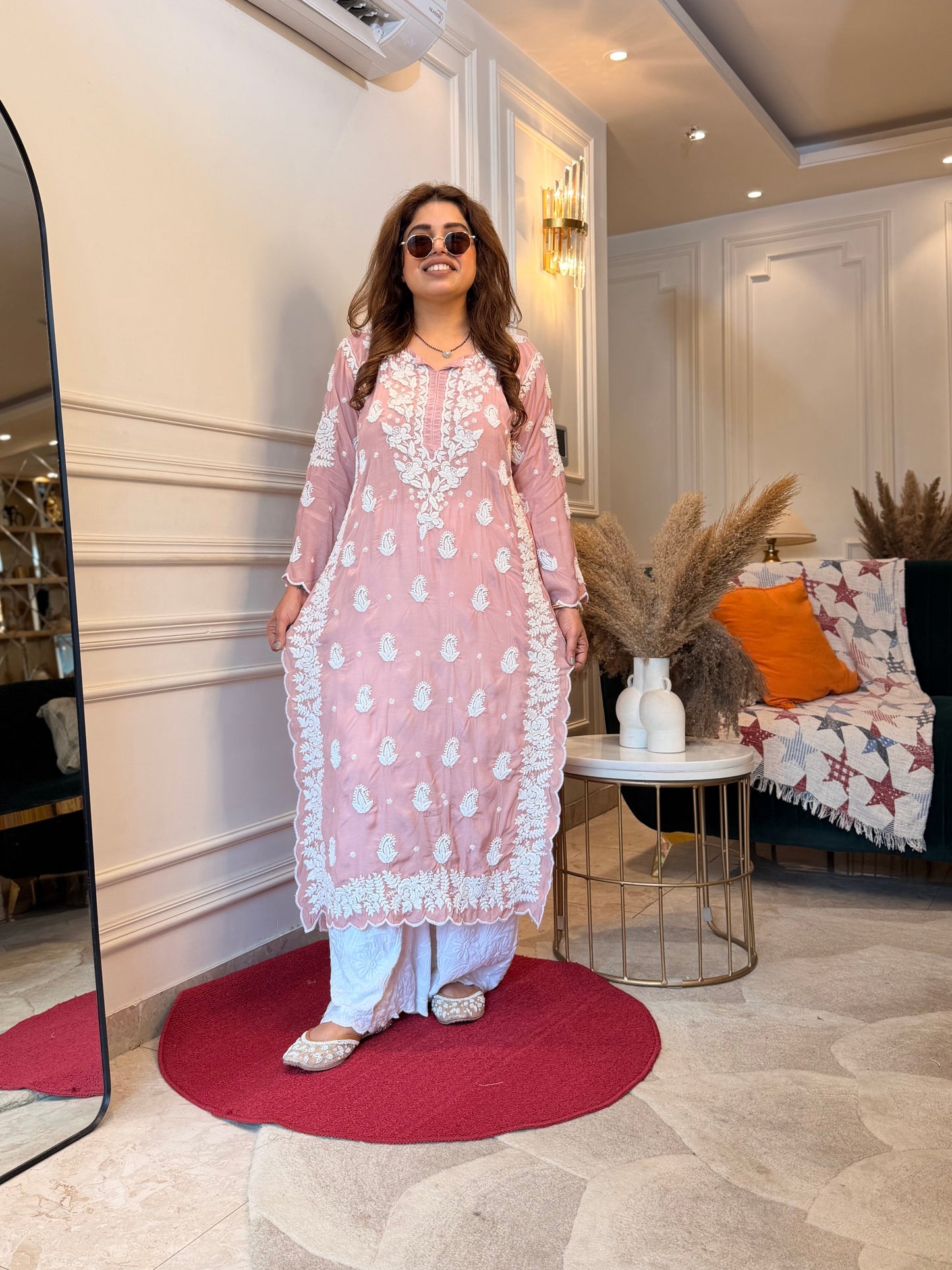 Hand embroidered 6D Chikankari Kurta | Mul Chanderi | Nude