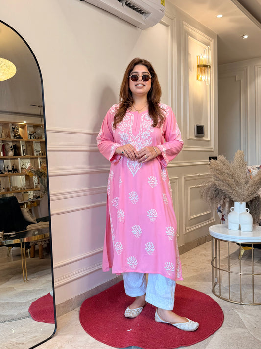 Hand Embroidered Chikankari Kurta | Modal | Pink