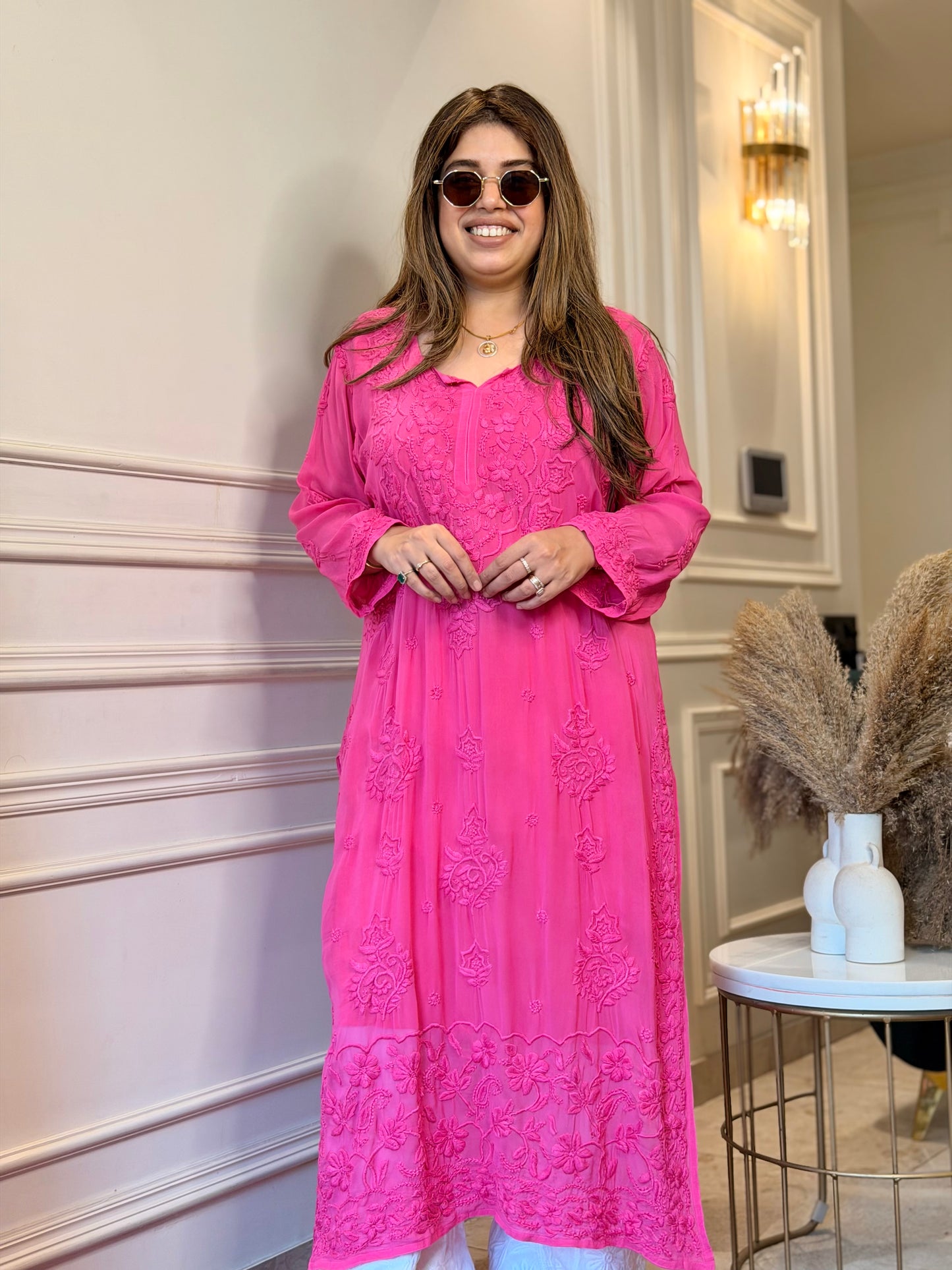 Hand Embroidered 3DChikankari Kurta  | Viscose |  Hot Pink