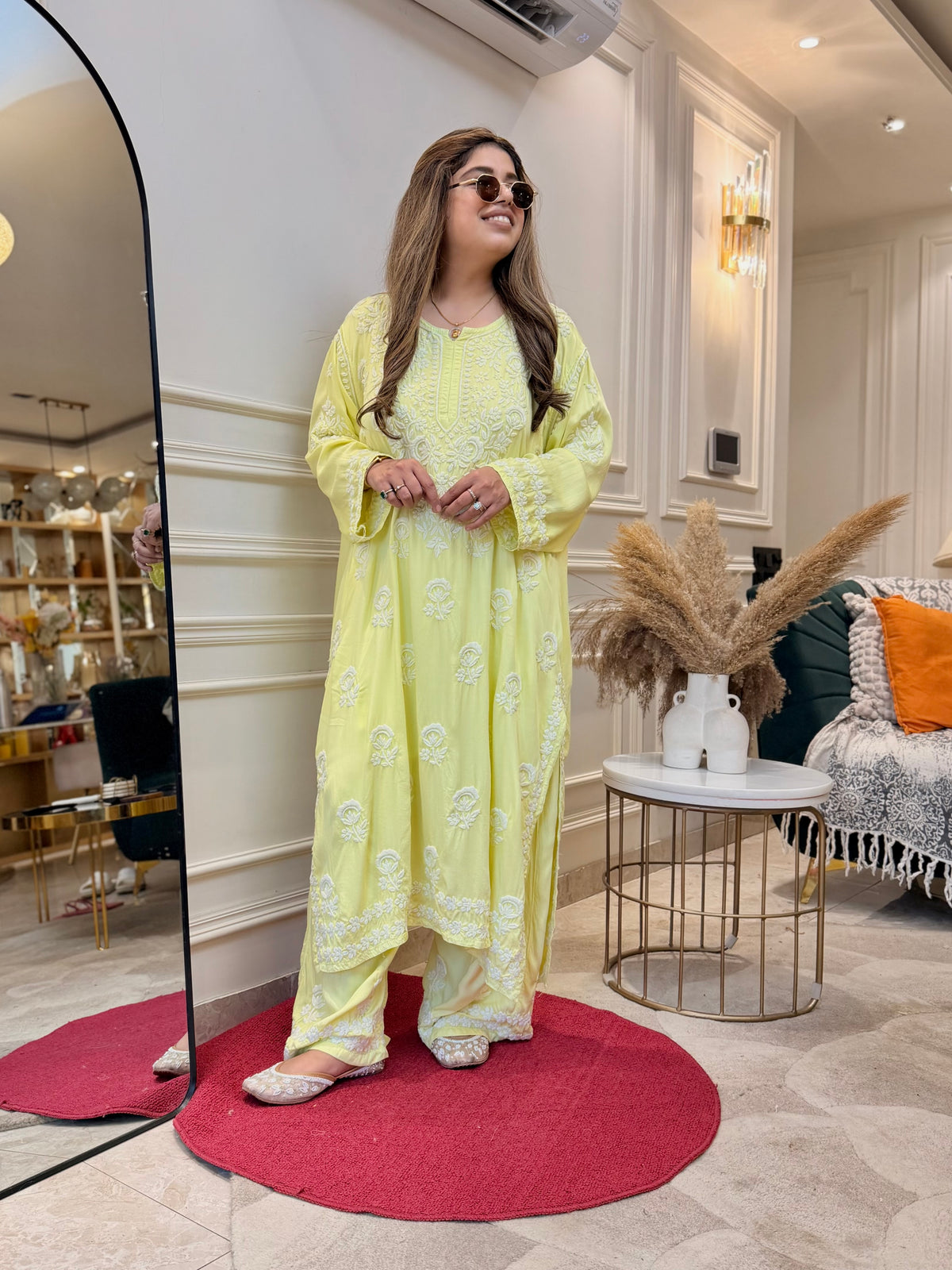 3D Hand Embroidered Chikankari Kurta set | Premium Modal Satin | Neon Green