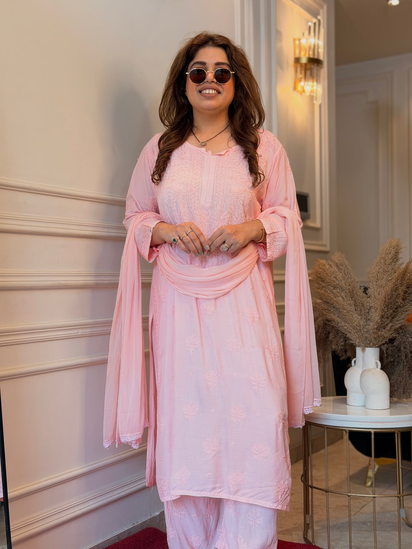 Hand Embroidered Chikankari 3 piece Kurta set | Mul Chanderi | Pink